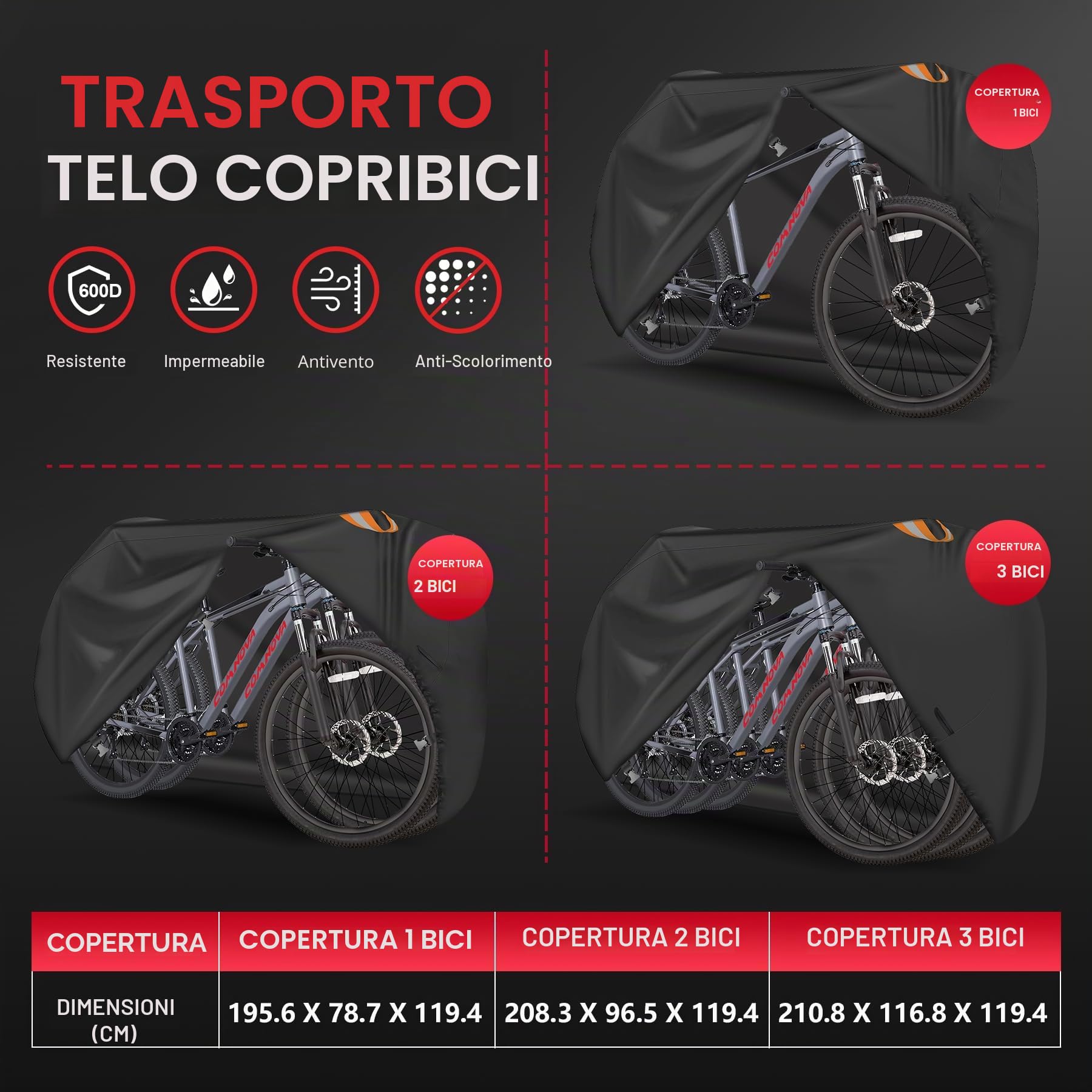 Zettum Copertura per il trasporto di 3 biciclette – Copertura per bici da riporre all'esterno sul portapacchi posteriore impermeabile all'aperto e resistente, rivestimento in poliuretano 600D,