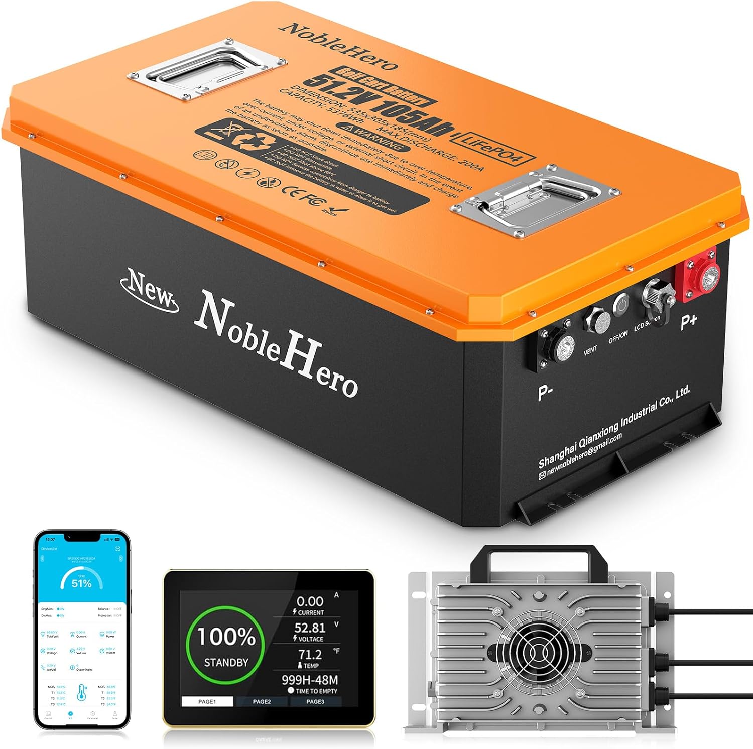 48V 105Ah Lithium Golf Cart Battery, Built-in Smart 200A BMS, 6000+ Cycles Rechargeable LiFePO4 Battery, Max 10.24kW Power Output,With 20A Charger & Touch Monitor & Mobile APP, Perfect for Golf Carts