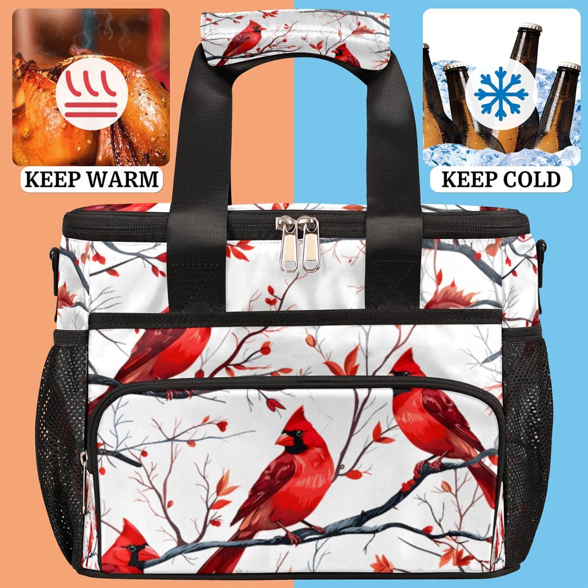 Insulated Picnic Backpack Lunch Box for Women Men Picnic Basket Tote Lunch Bag Picnic Bag Portable Lunch Bags for Picnic, Beach, Work, Trip,Office, Camp Bullfinch Bird Christmas
