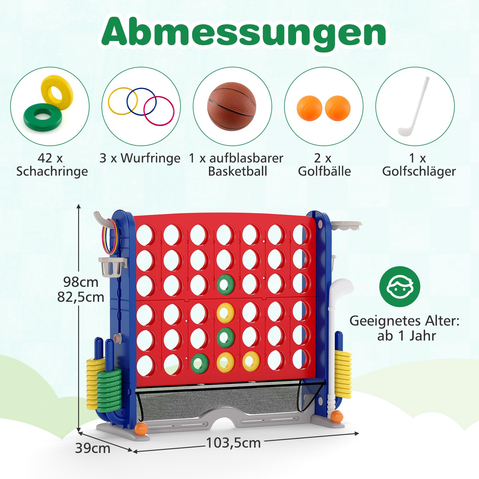 COSTWAY 4 in 1 Vier Gewinnt groß, Jumbo 4 Gewinnt mit Ringwurf, Basketballkorb & Golfspiel, Vier in Einer Reihe Spiel XXL inkl. Getränkehalter, Netzfach & Tragetasche, für Kinder & Erwachsene (Rot)