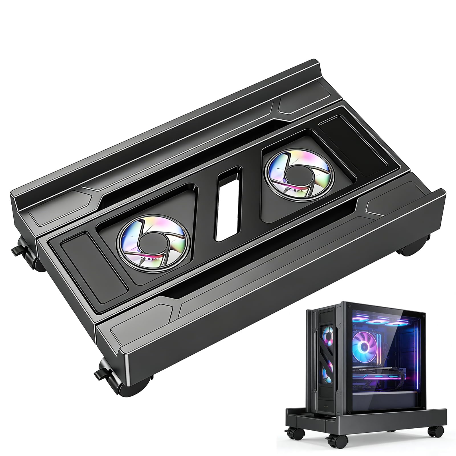 PC Ständer, Universal Einstellbare CPU Halterung Unter Schreibtisch mit 2 Kühlventilator, Computer Tower Rollwagen Mit 4 Rollen, Desktop Computergehäuse Hauptrahmen für Home Office Desk, Schwarz