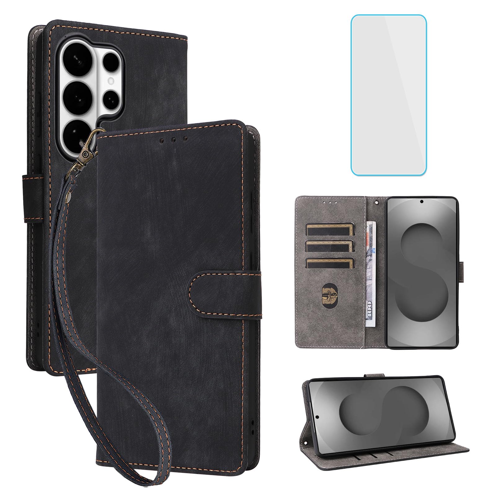 for Samsung Galaxy S26 Ultra 5G Phone Wallet Case with Screen Protector [RFID Blocking] Leather Kickstand Women Mobile Phone Case for Galaxy S 26 Ultra S26Ultra Samsung SamsungS26Ultra Black