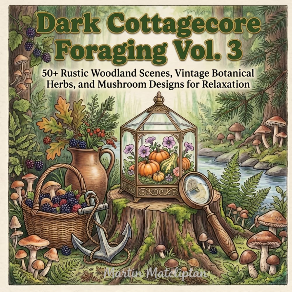 Dark Cottagecore Foraging Vol. 3: 50+ Rustic Woodland Scenes, Vintage Botanical Herbs, and Mushroom Designs for Relaxation (Cozy Cottage & Slow Living)