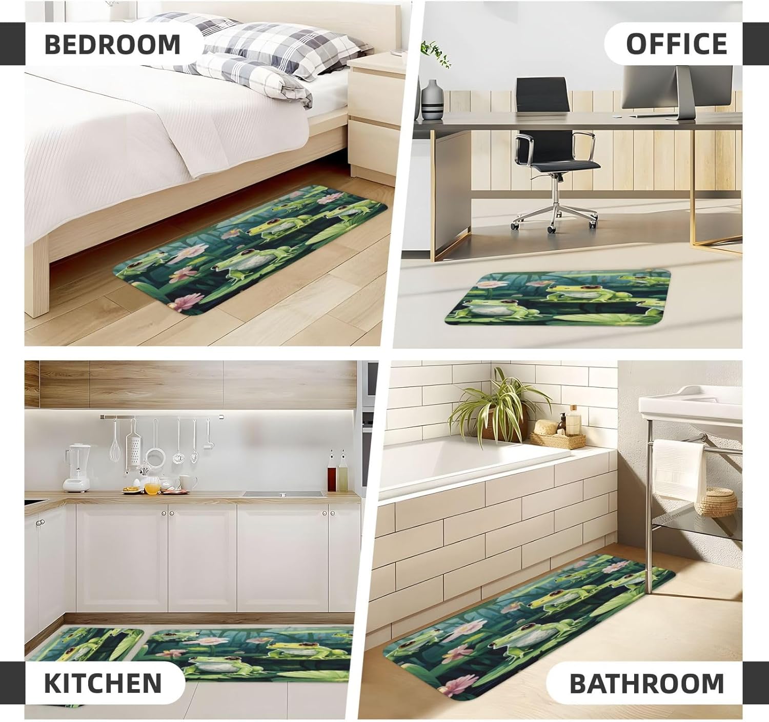 Summer Frog Lotus Floral Kitchen Rugs Mats Set of 2 Pcs Non-Slip Floor Mats Washable Runner Rugs Set for Bathroom Laundry Hallway Kichen Comfort Standing Mat