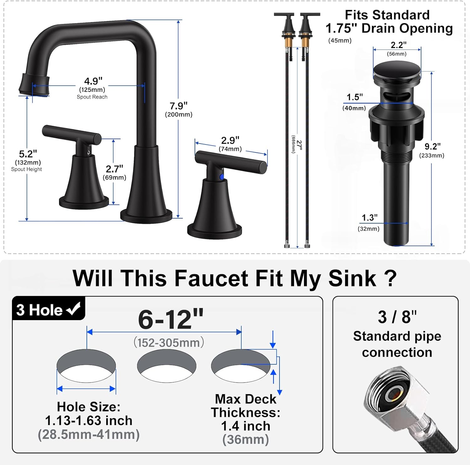 Bathroom Faucet 3 Hole, Matte Black Bathroom Sink Faucet with Drain Assembly and Supply Lines, Square Spout Widespread Bathroom Faucet for Vanity RV Outdoor, 2 Pack