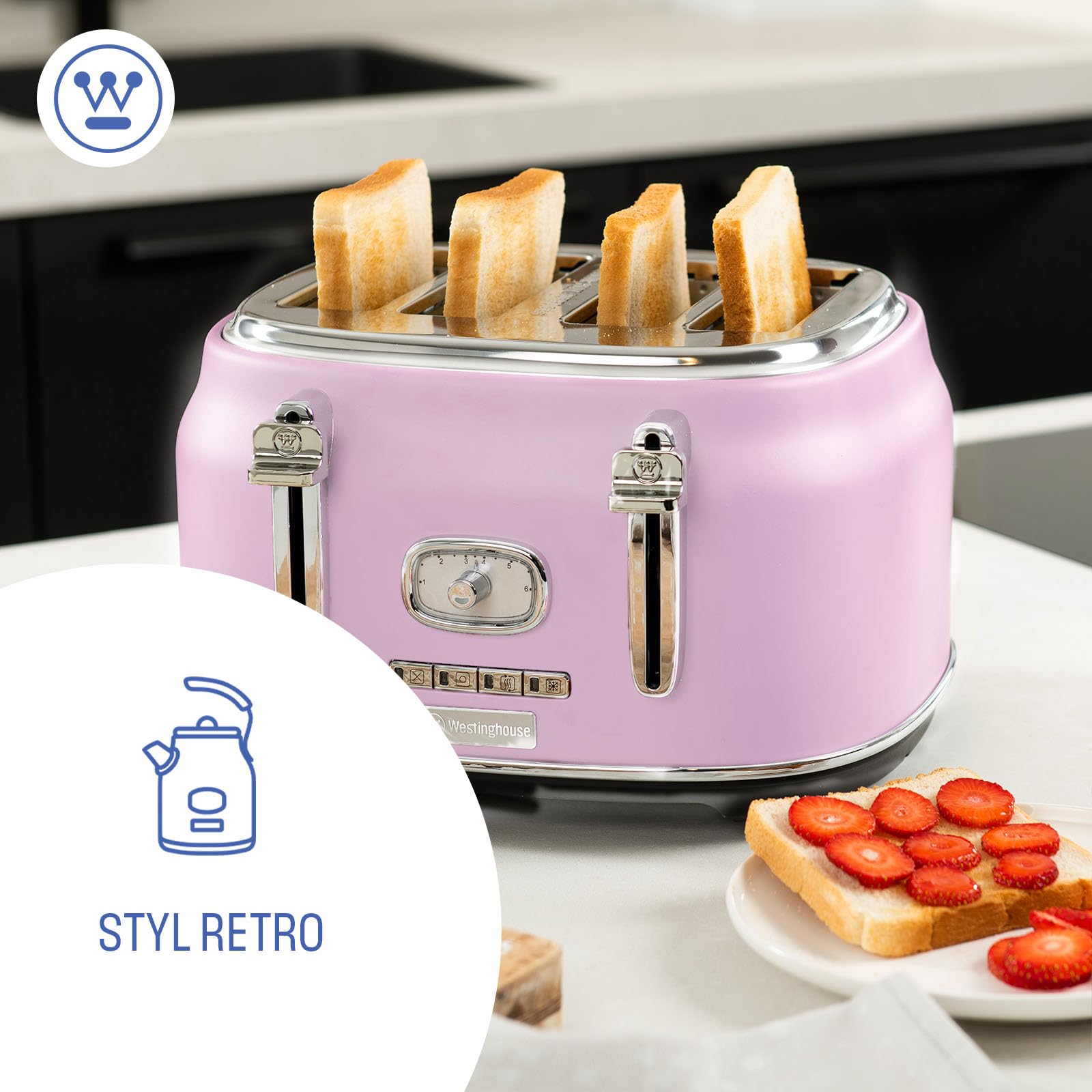 Westinghouse Retro toster, 4 kromki, bardzo szerokie szczeliny, ruszt do podgrzewania, 1750 W, różowy