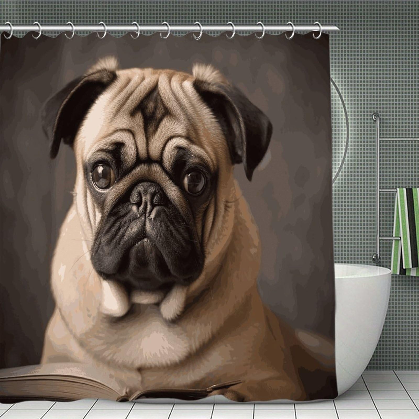 JTREHY Animal Pug Dog Shower Curtain Waterproof Bathroom Shower Curtain Machine Washable Bath Curtains Polyester Cloth Bath Curtains for Bathroom Showers 70.8×70.8Inch