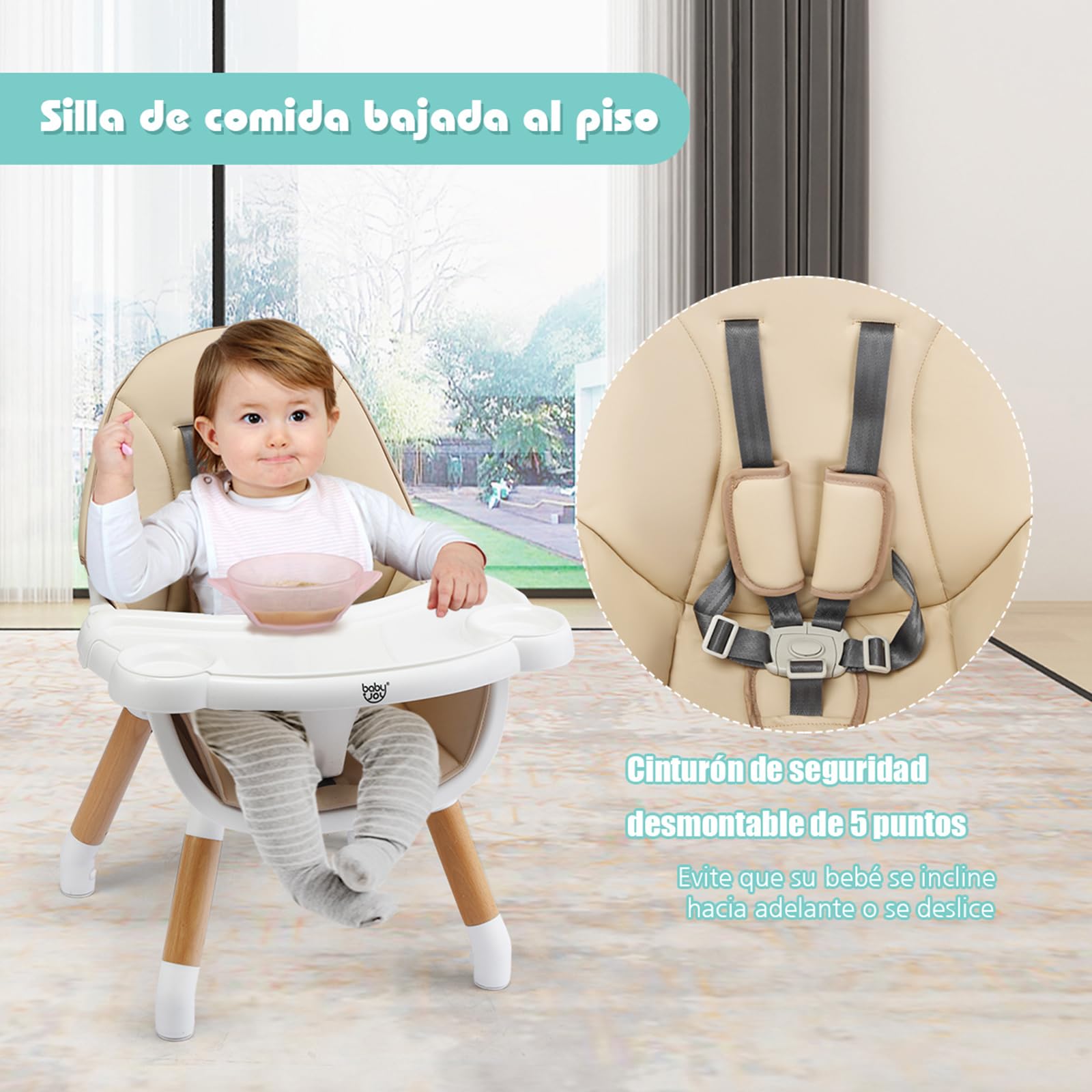 COSTWAY Trona para Bebé con Altura Ajustable, Silla Alta para Comer con Cinturón de Seguridad y Bandeja Extraíble, Trona Portátil Evolutiva Bebé (sin Tablero de Bloques, Caqui)