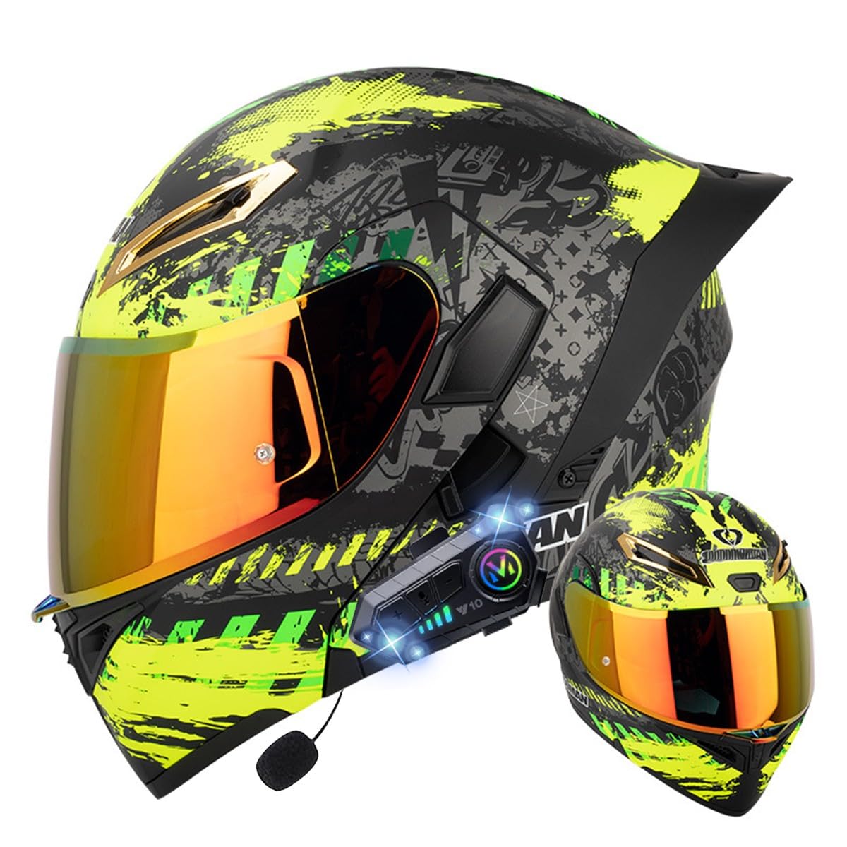 Klapphelm mit Bluetooth, Bluetooth Integralhelm Motorradhelm mit Doppelvisier, ECE Zertifiziert Hohe Qualität Helm, Verschiedene farbige Linsen, für Frauen Männer（22.4-25.2in）