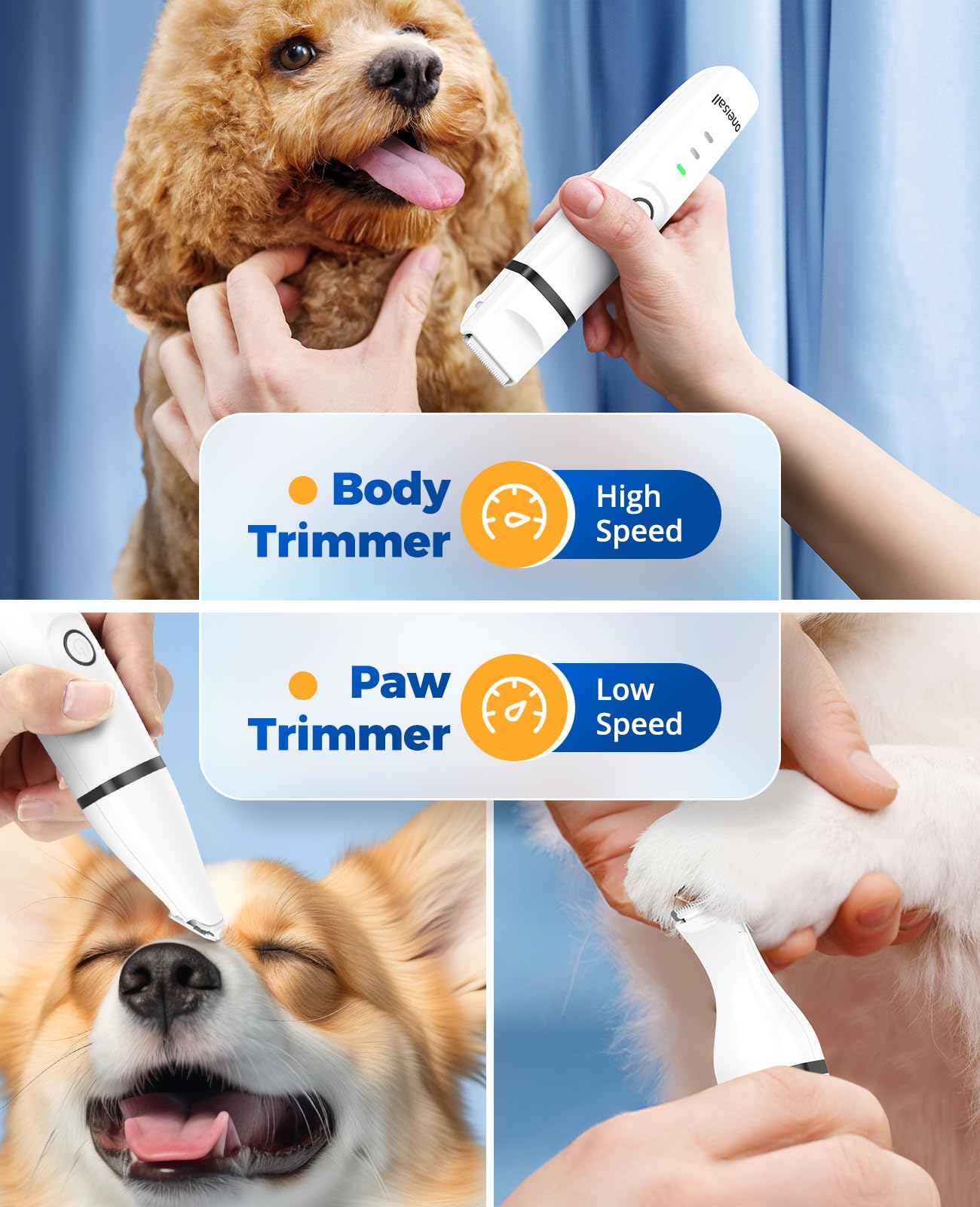 oneisall Tosatrice silenzioso per cani e gatti 4 in 1 completo, tagliacapelli ricaricabile per cani, taglia zampe e affila artigli con 4 testine multiuso per la depilazione di tutto il corpo (Bianco)