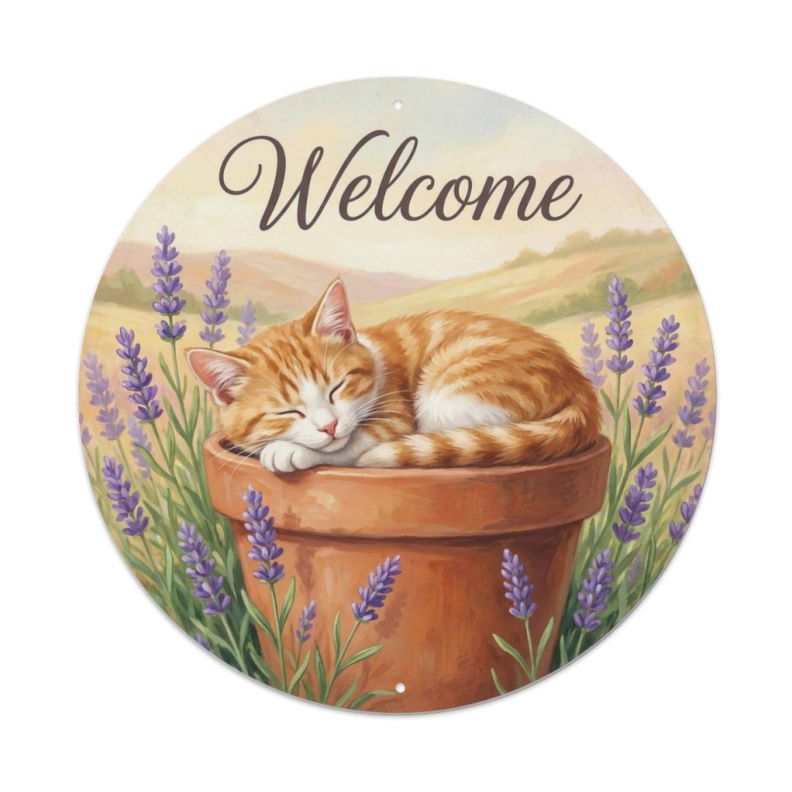 Okahys 8X8inch(20X20cm) Welcome Cat Lavender Hill Metal Tin Sign