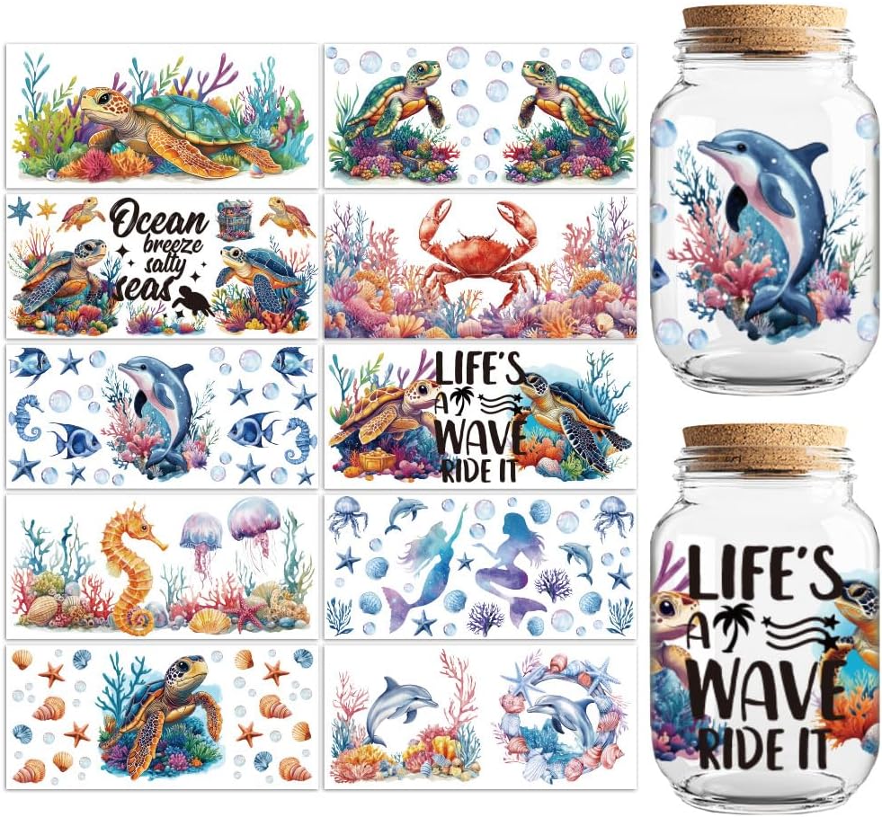 Peacoblue UV DTF Transfer Cup Wraps Stickers Christian Marine Life, 10 Sheets Waterproof Custom Vinyl 16oz Coffee Glass Jar Cups Bottle Mug Tumbler Decals Wrap for Men Women