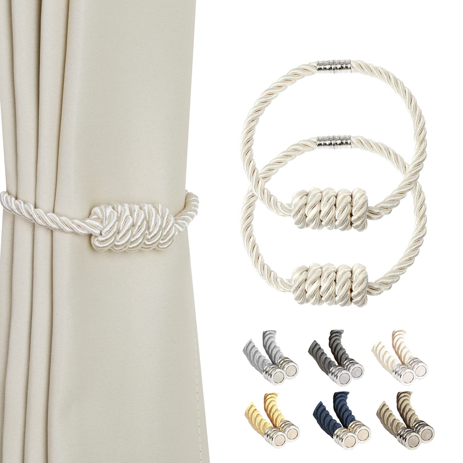 BEL AVENIR Magnetic Curtain Tiebacks, Decorative Drapery Holdbacks Modern Woven Tie-Backs with Exquisite Knot (Beige, 2 Pack)