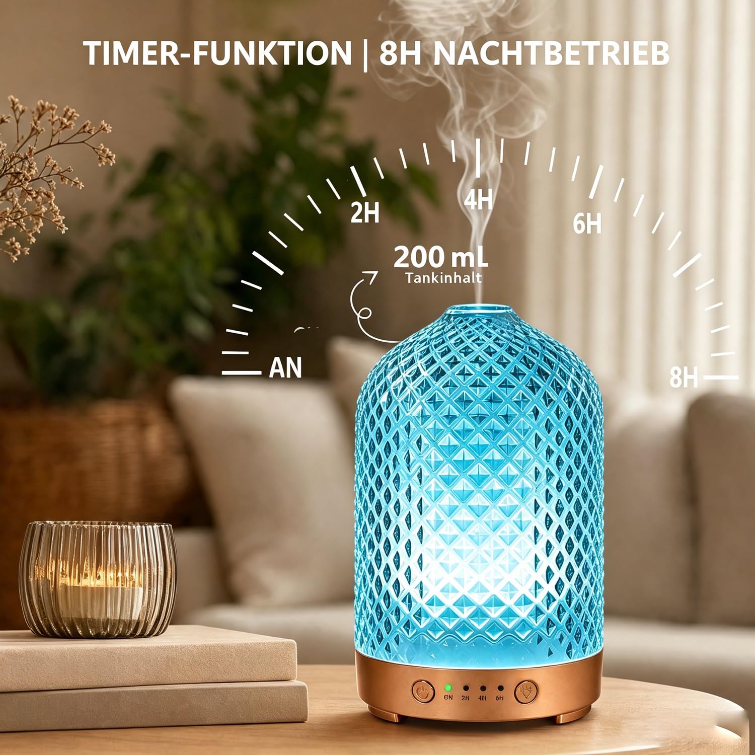 Aroma Diffuser aus Glas 200ML Ultraschall Aromatherapie Diffusor für ätherische Öle, 7 Farben-Beleuchtung, Automatische Abschaltung, Luftbefeuchter Elektrisch Duftlampe für Schlafzimmer Büro Spa