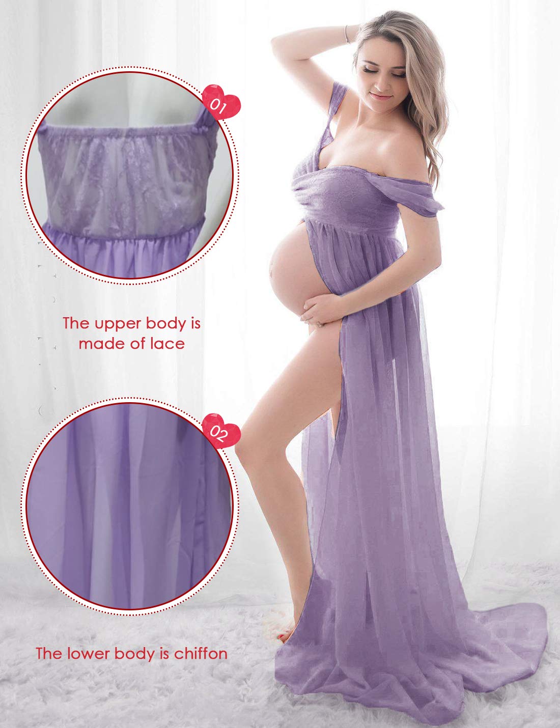 FEOYA-Abiti da Donna Incinta Spacco sul Davanti Estate maternità Abiti con Spalle Scoperte Gonne Fotografiche Foto in Chiffon Spara Oggetti di Scena Abito Lungo Abito Lungo in Pizzo Indietro