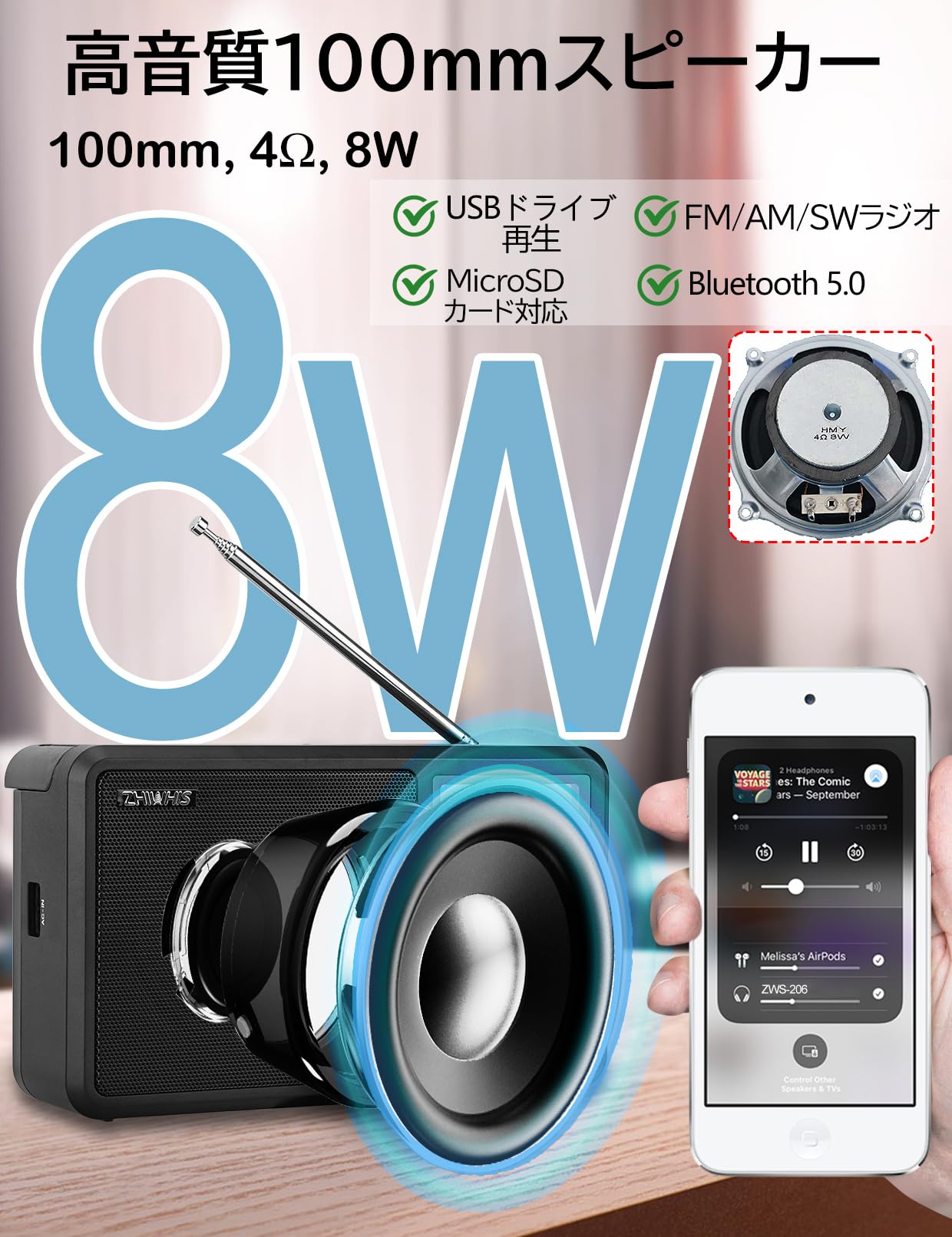 Amazon.co.jp: ZHIWHIS ラジオ FM/AM/SW/ワイドFM対応 Bluetooth/USB