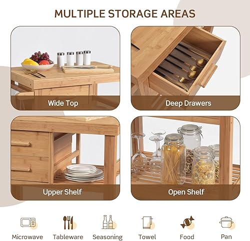 Miniatura 7 de SILKYDRY Isla de cocina, carrito de cocina con ruedas, carrito de cocina de bambú con cajones, estantes, toallero, pequeño carrito de isla de cocina