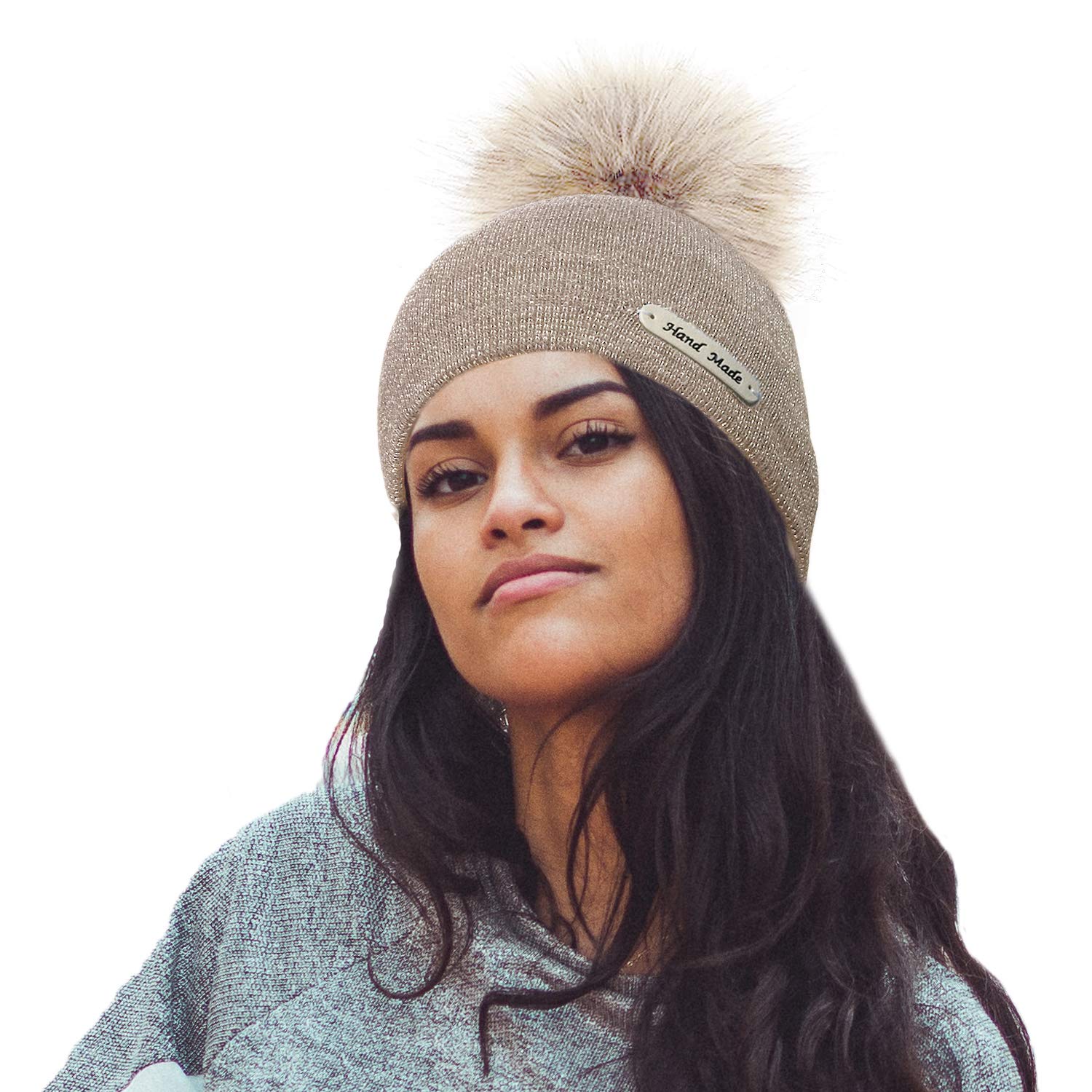 Toskatok Women's Beige Toskatok® Girls Rockjock Hand Made Knit Glitter Winter Bobble Beanie Hat With Faux Fur Pom Pom