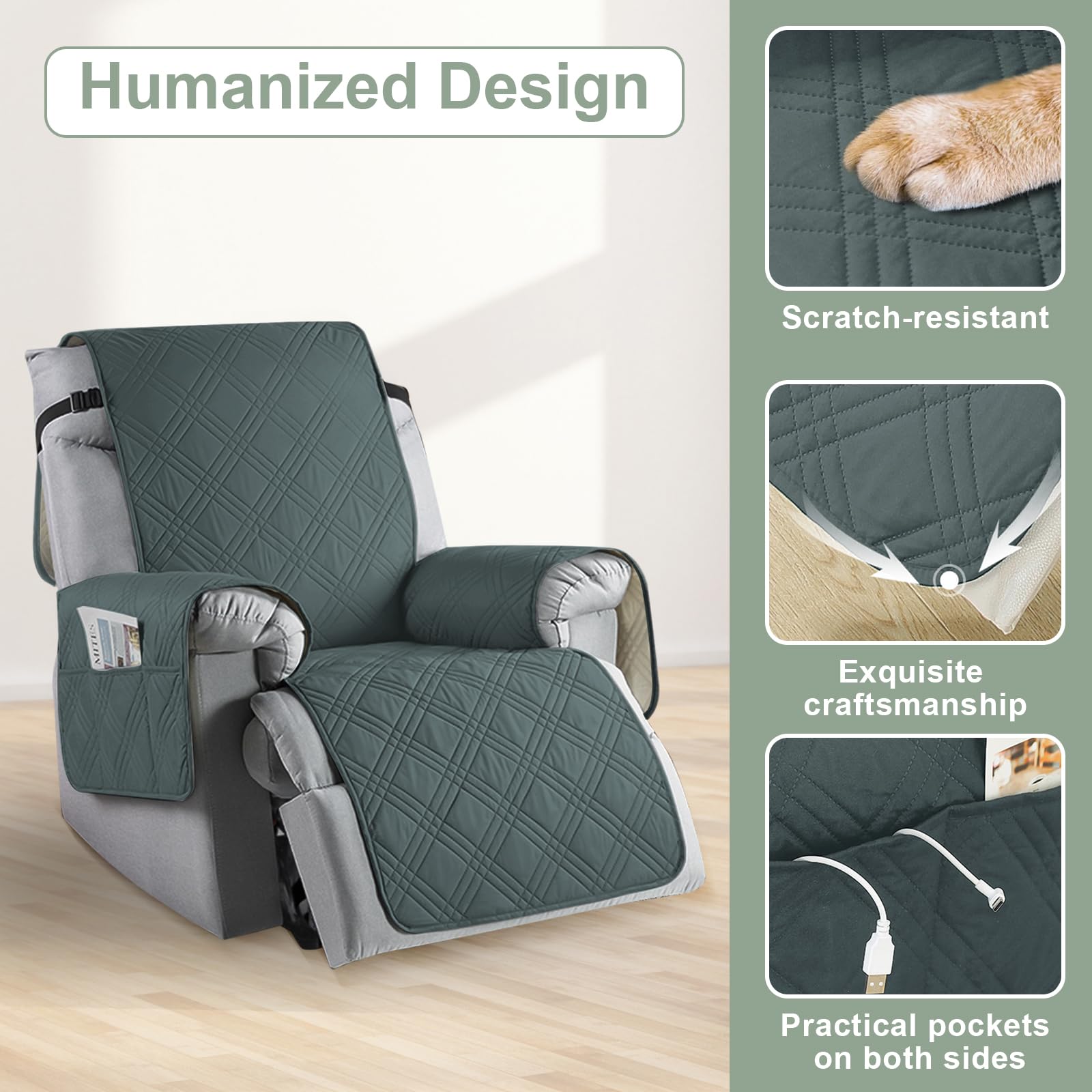 MeYuxg Coprisedia per poltrona relax, coprisedia elasticizzato con braccioli, coprisedia con tasche di stoccaggio, protezione per schienale, morbido e traspirante (grigio scuro)