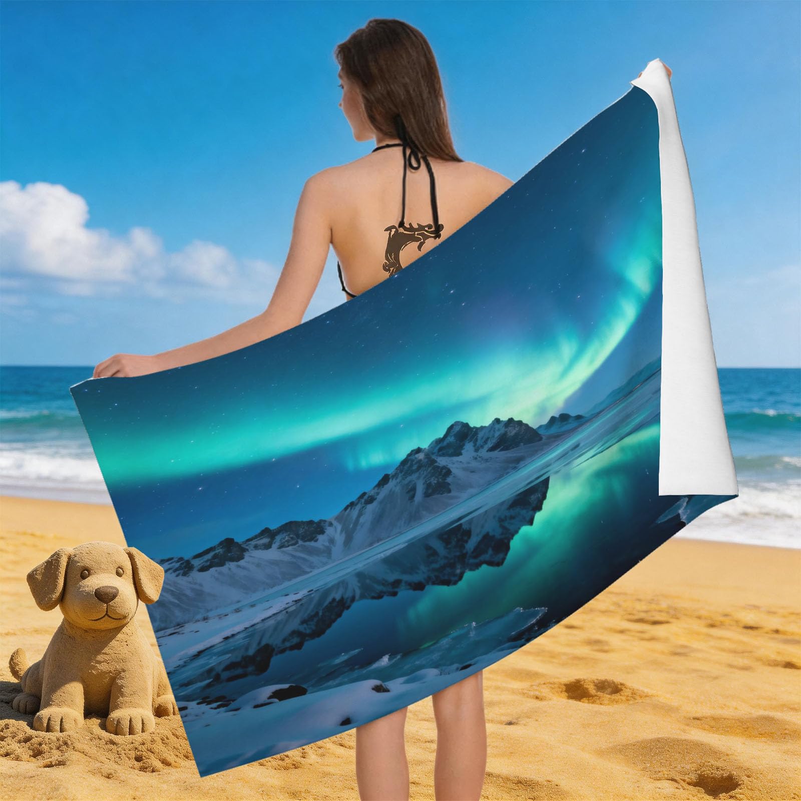 Leichong 3D Aurora Beach Towel Microfiber Soft Quick Dry for Adults, The Mountains Bath Towel Lightweight Soft Absorbent for Travel Swimming Pool Sports, 75 x 150 cm