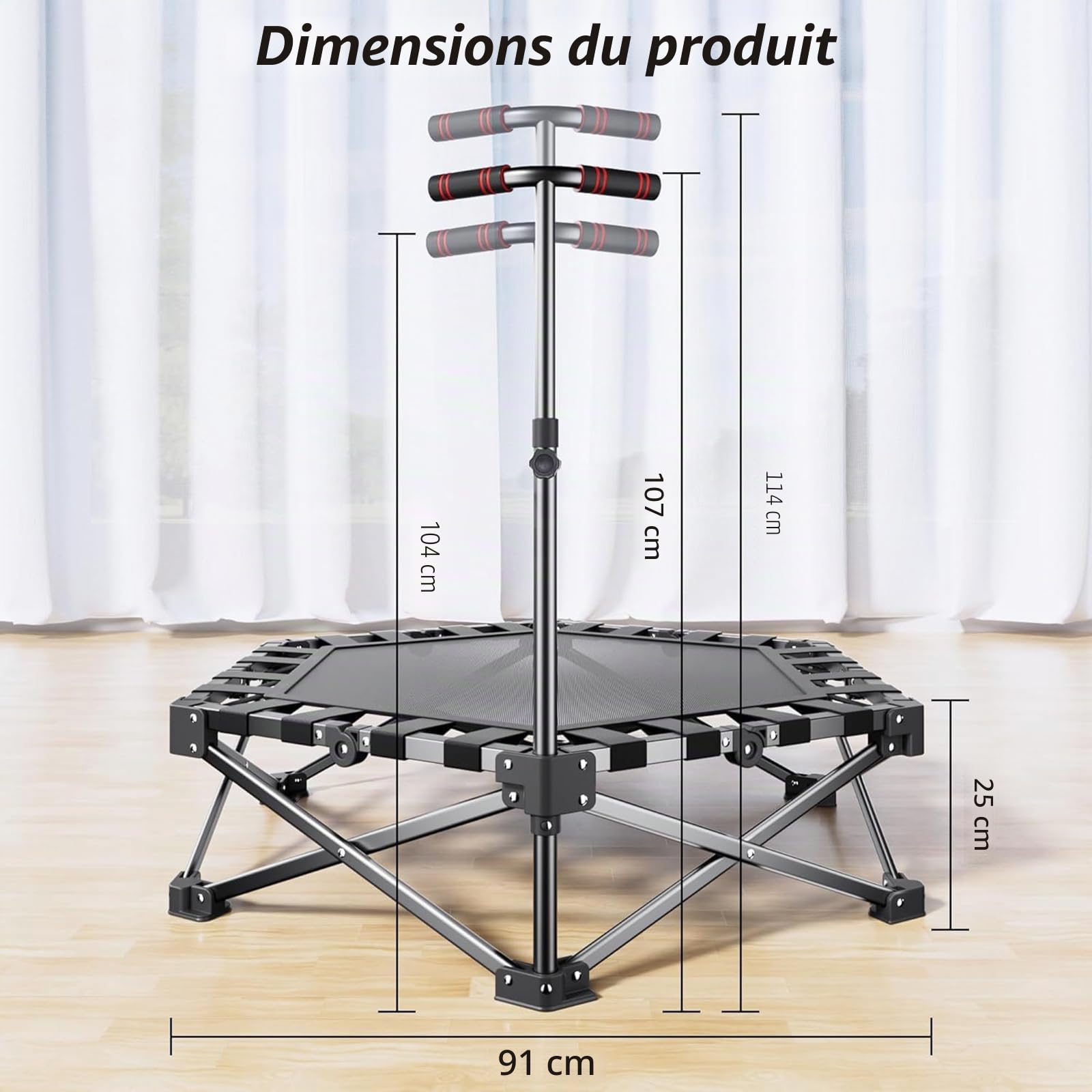 Trampoline De Fitness Pliable De 42 Pouces avec Guidon RéGlable, Trampoline De Fitness éLastique, Saut, EntraîNement Cardio pour Adultes, Charge Maximale 450 LB, 110 cm, Pliable Et Portable
