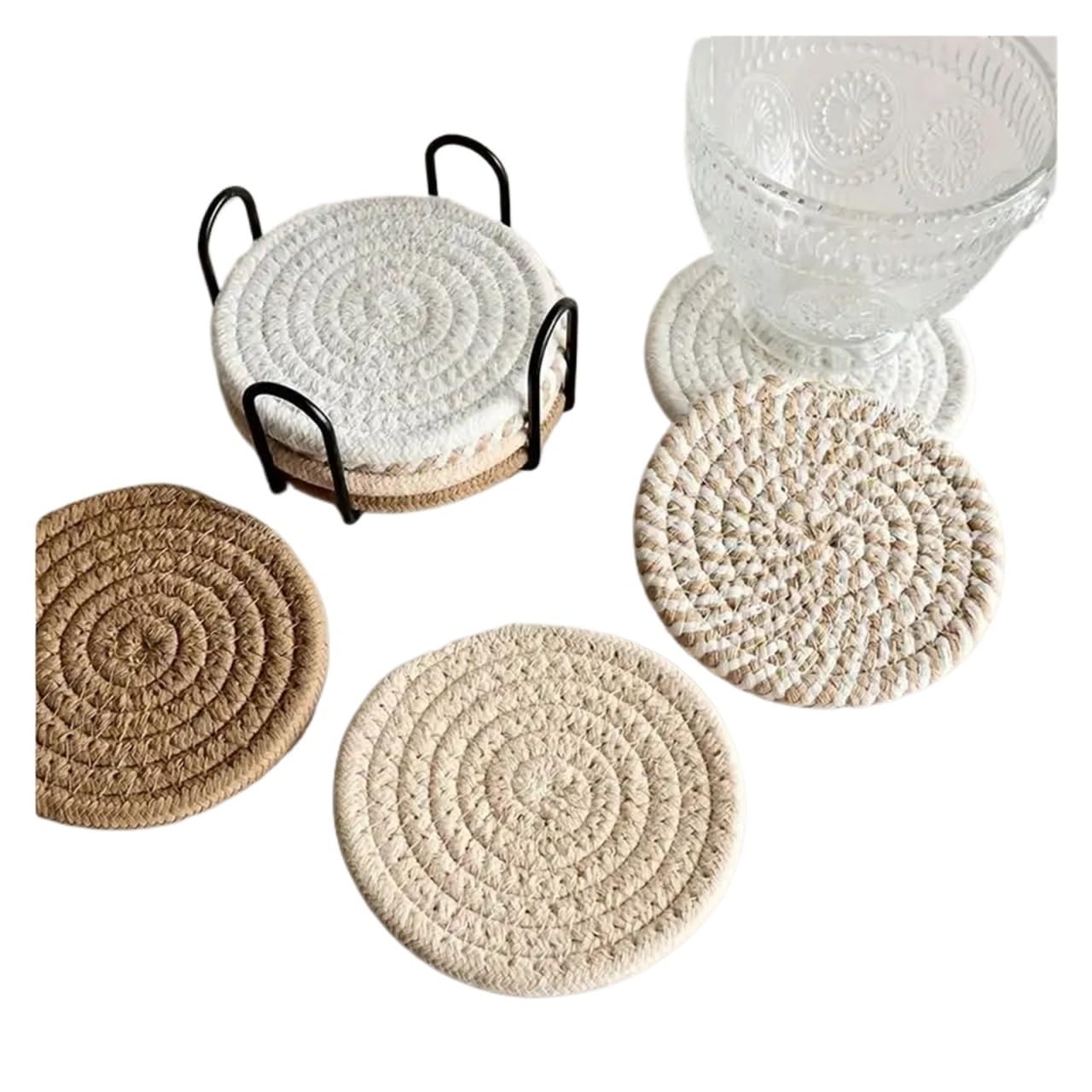 Insulated Coasters 9Piece 2Sets Absorbent Coasters for Drinks, Minimalist Cotton Woven Coffee Table Decor Boho Cute Cup(8pcs With Holder)
