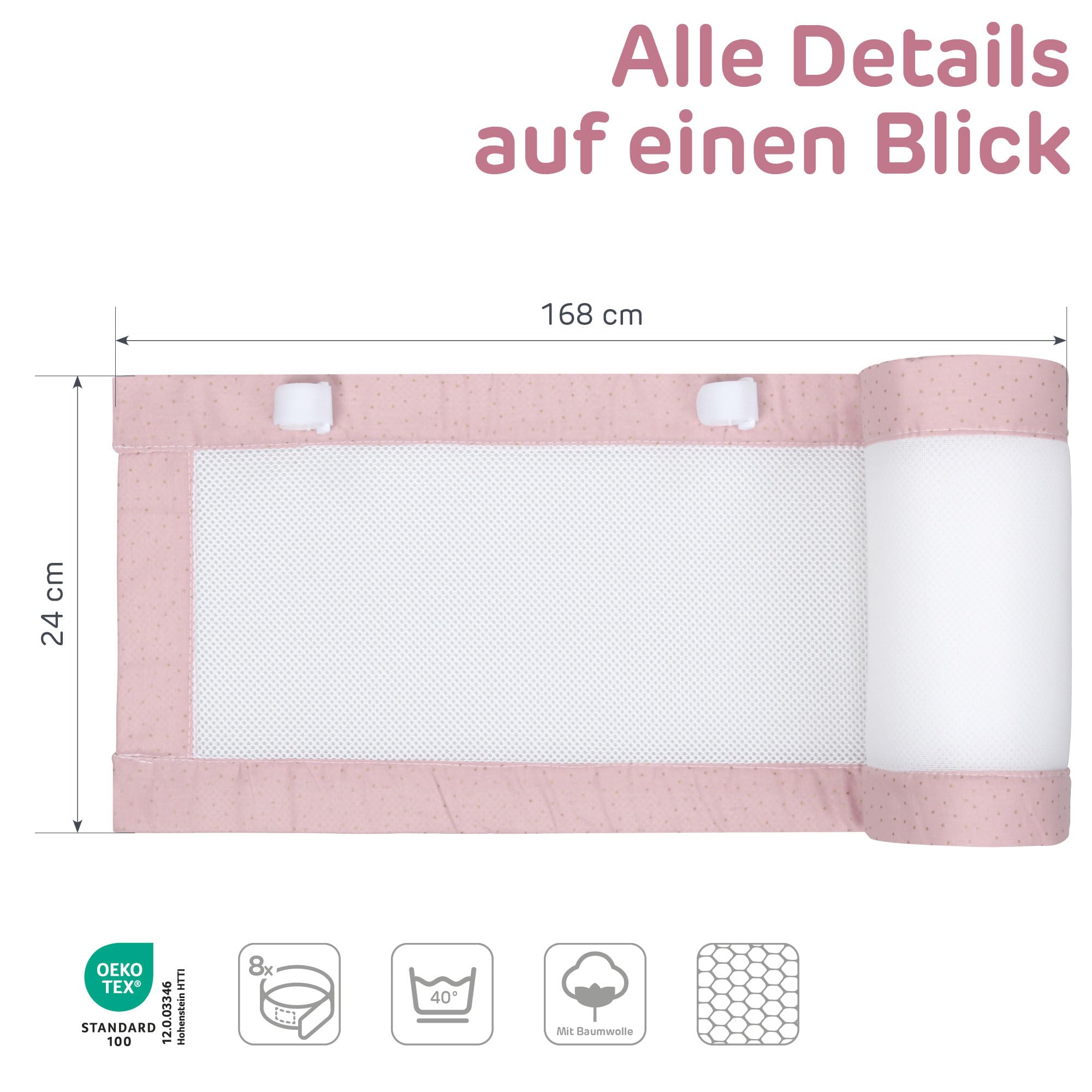 babybay Nestchen 3D Mesh Royal passend für Modell Maxi, Boxspring, Comfort und Comfort Plus, rosé Glitzerpunkte gold