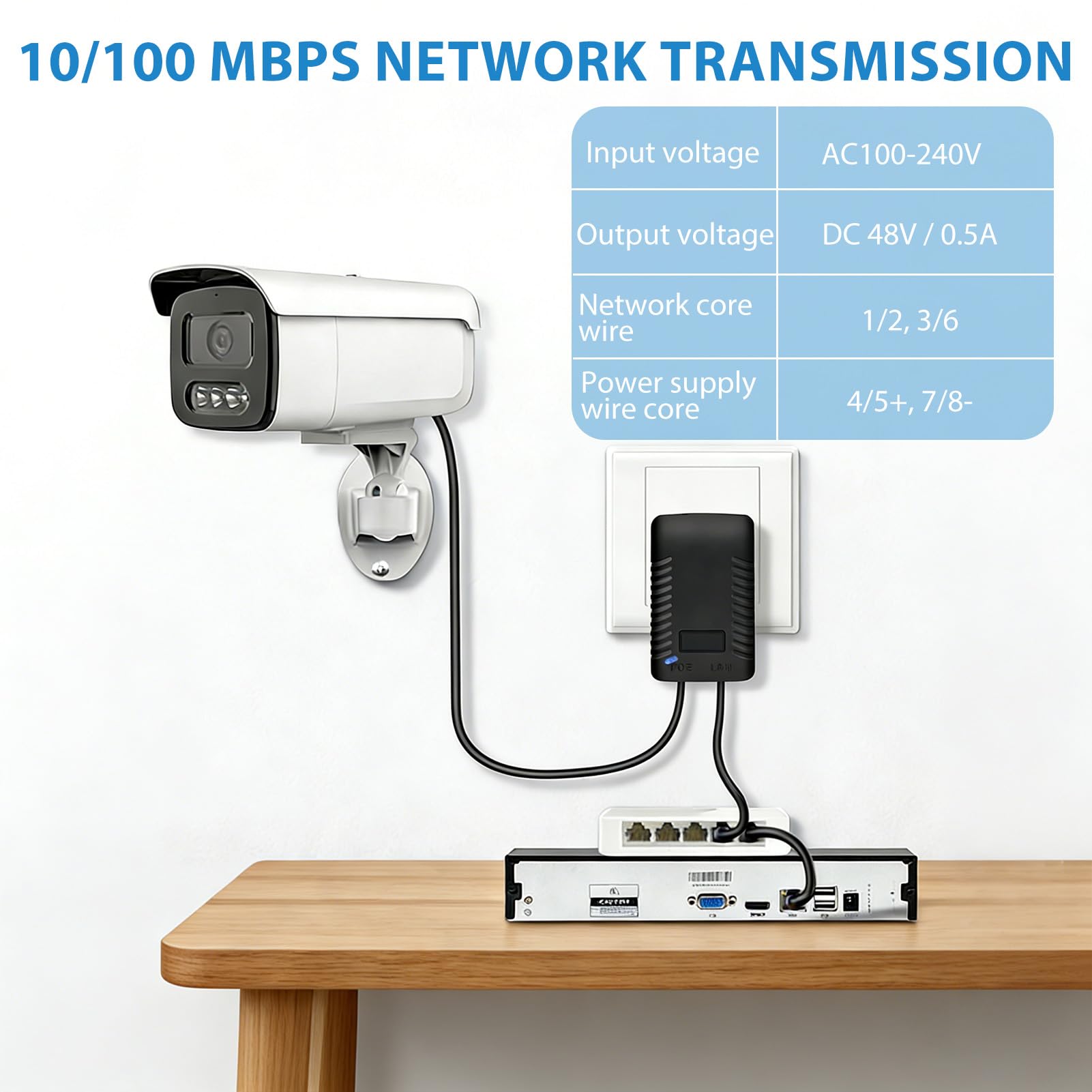 48V 0,5A Inyector PoE, 100 Mbps Adaptador Inyector PoE con Enchufe Europeo, Enchufe de Pared Adaptador Ethernet Plug and Play para Conmutador de Red, Cámara IP, WAP y Teléfonos VoIP — view 6
