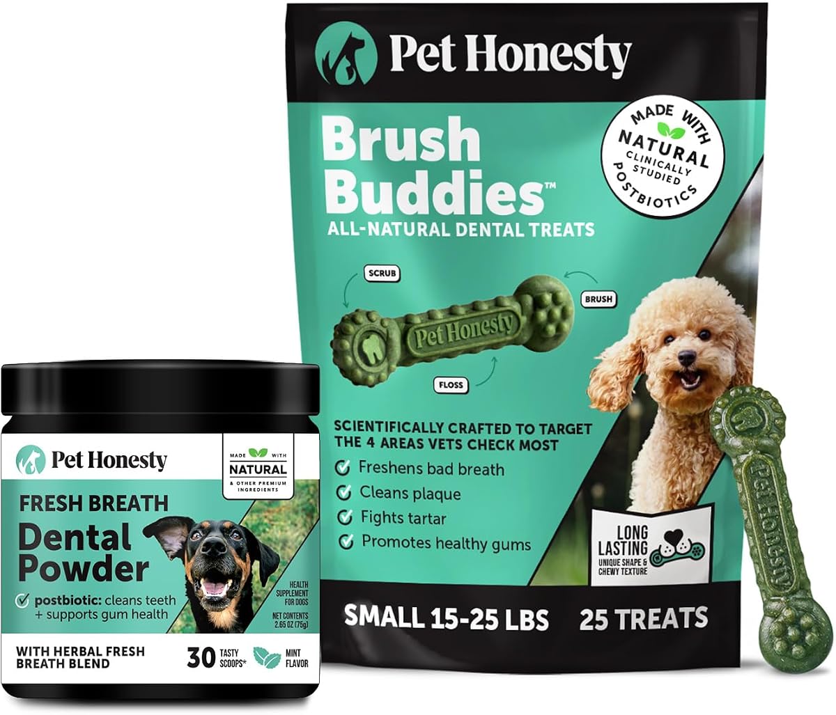 Pet Honesty Dog Dental Care Virtual Bundle – Breath Freshener Dental Powder (30 Servings) + Brush Buddies Dental Sticks for Small Dogs (25 Ct) – Teeth Cleaning, Plaque & Breath Support