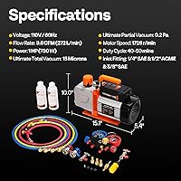 Vista 5 de VIVOHOME Serie VG - Juego de bomba de vacío y medidor de CA, 1 HP 9.6CFM Bomba de vacío HVAC de 2 etapas y kit de manómetro múltiple de 4 vías