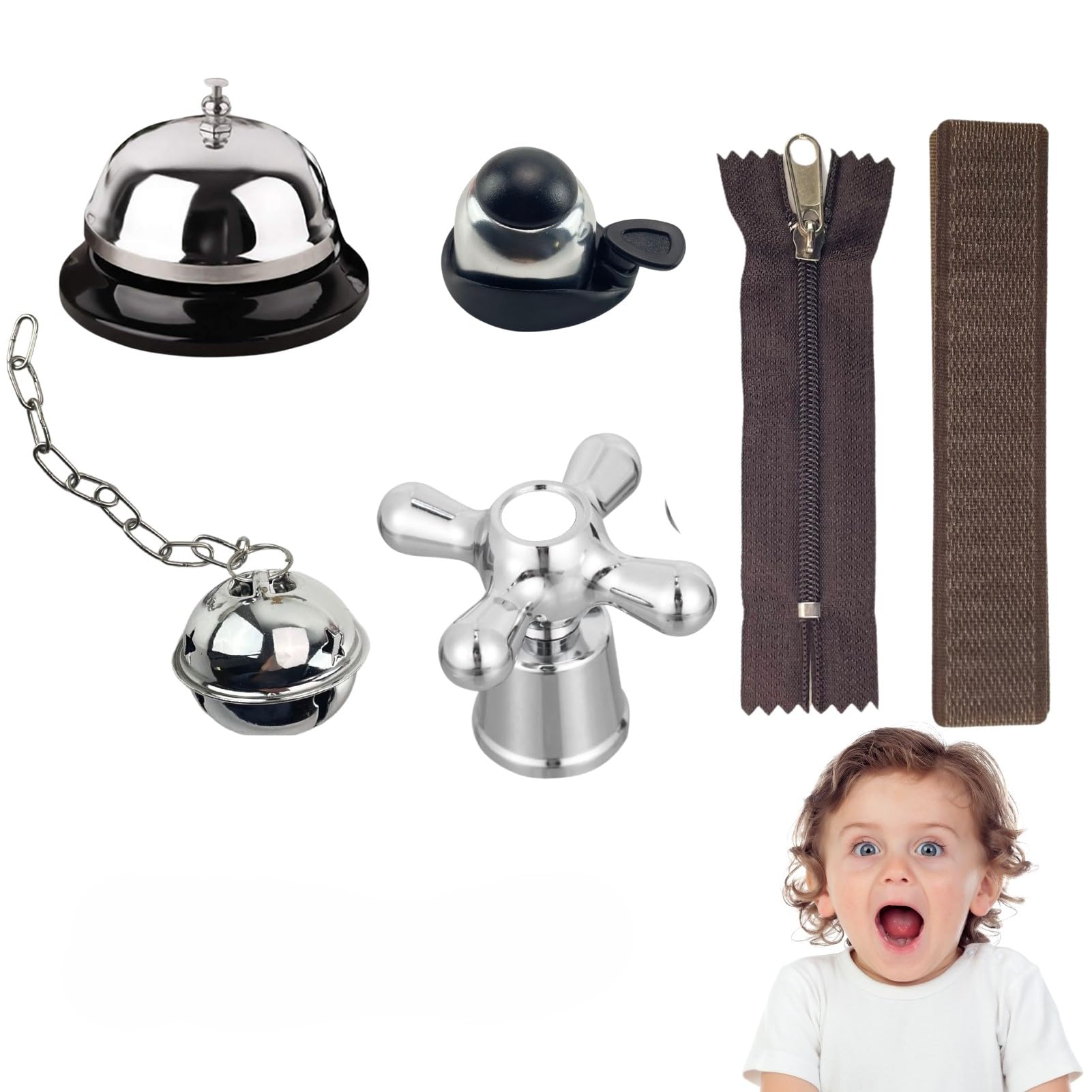 6 Pieces Busy Board DIY Accessories for Toddlers - Sensory Board Parts - Zipper Kids- Meal Bell - Bike Bell - Hook and Loop Tape - Montessori l Toys - Play House Material - Educational Items