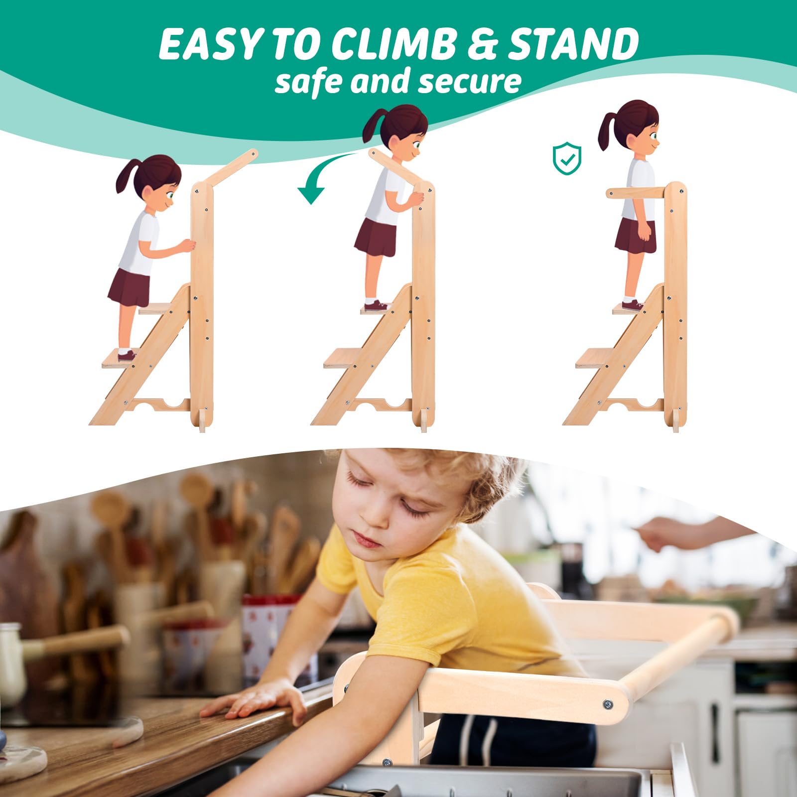 Lernturm ab 1 Jahr, Montessori Lernturm klappbar mit 2-facher Höhenverstellung, Holz Learning Tower Bis 50 kg Belastbar, Toddler Tower Sicherer Tritthocker mit Kippschutz