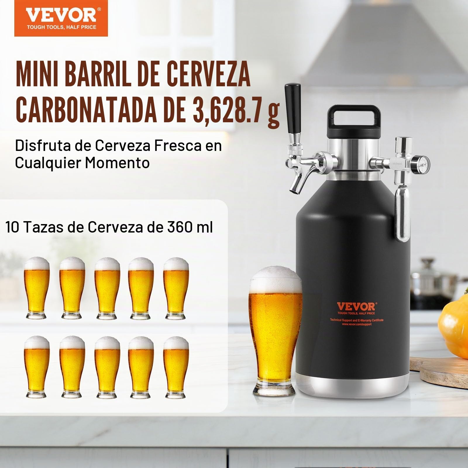 VEVOR Mini Barril de Cerveza Portátil 128Oz 4L Mini Barril Presión Ajustable 0~30PSI de Acero Inoxidable Sistema de Grifo Aislado a Presión para Mantener Cerveza Carbonatada Fresca para Camping Pícnic