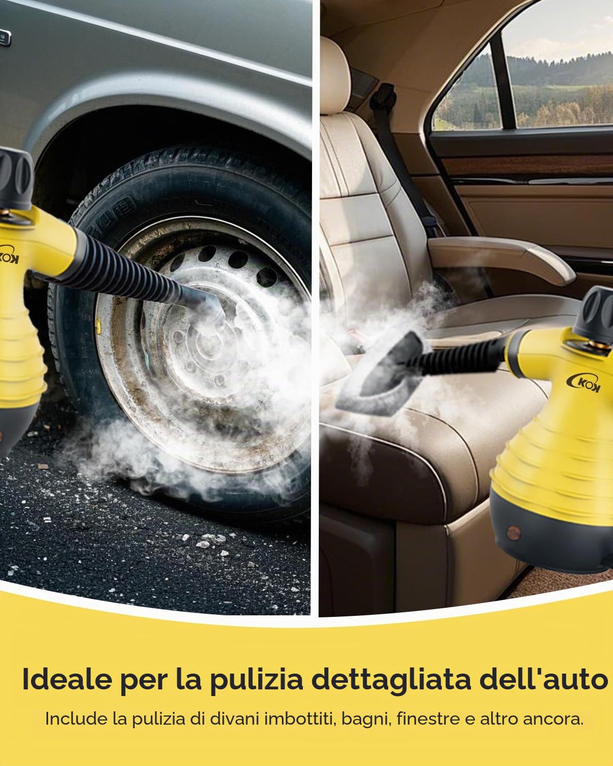 KOK Pulitore a vapore portatile, Pistola a Vapore, pulitore a vapore multiuso ad alta temperatura con 10 accessori, per cucina, bagno, pavimenti, interni auto, pulizia senza sostanze chimiche