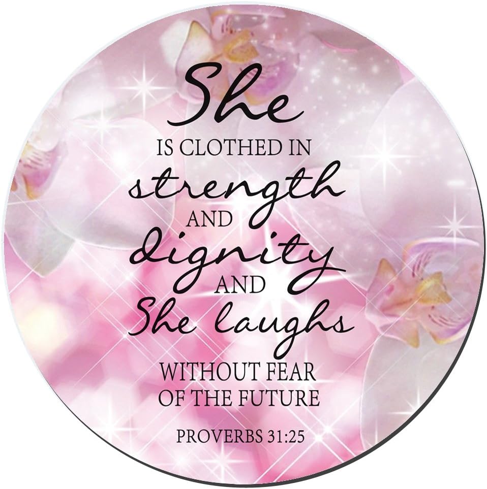 Pink Flower Glitter Background Mouse Pad Bible Verse Proverbs 31:25 She is Clothed in Strength and Dignity and She Laughs Without Fear of The Future Round Non-Slip Rubber Mouse pad