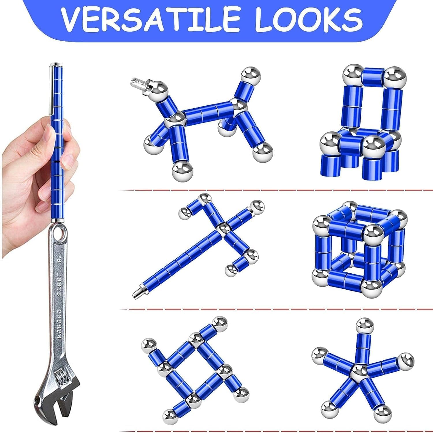 Magnetic Pen & Magnetic Fidget Pen – Creative Decompression Ballpoint Toy for Shape-Building, Stress Relief 13 Rings, 12 Balls, 2 Stylus Tips & 2 Refills - Blue