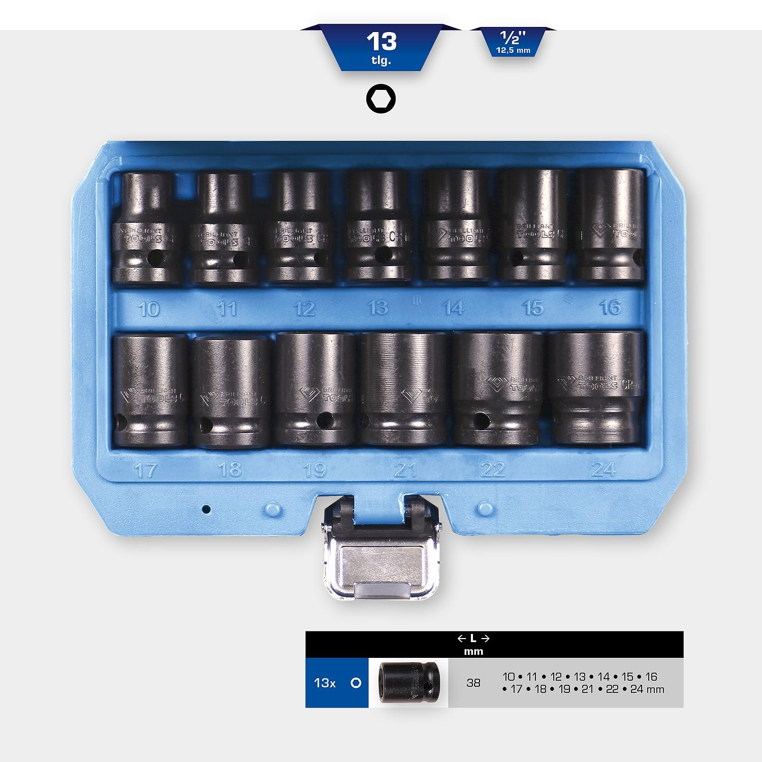 BRILLIANT TOOLS BT022620 Juego de llaves de vaso de impacto hexagonales 1/2", 13 pzs, cortas [Powered by KS TOOLS]