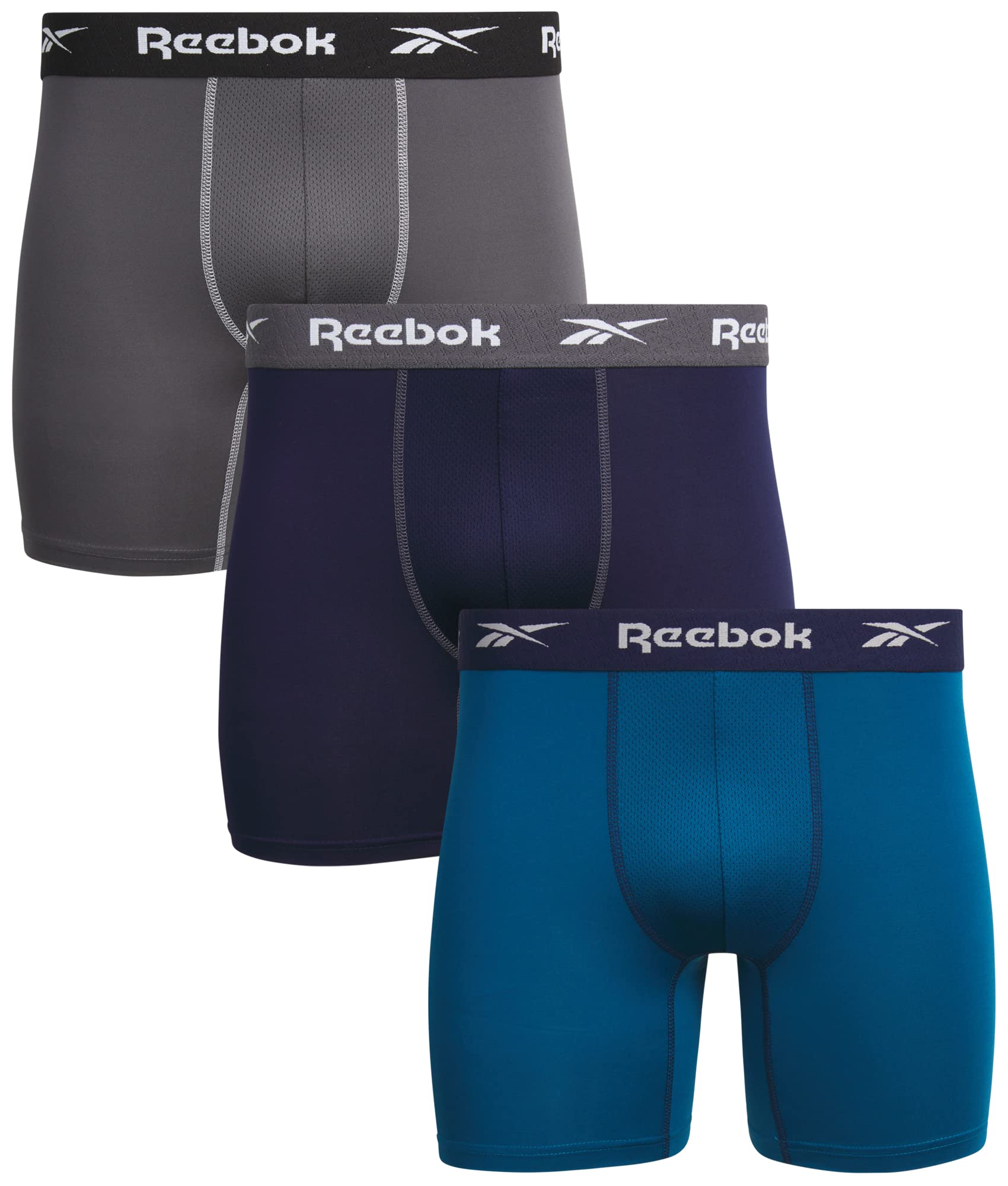 Reebok Men's Navy Underwear - Performance Boxer Briefs (3 Pack), Size X-Large, Grey/Navy/Blue, Grey/Navy/Blue, Xl