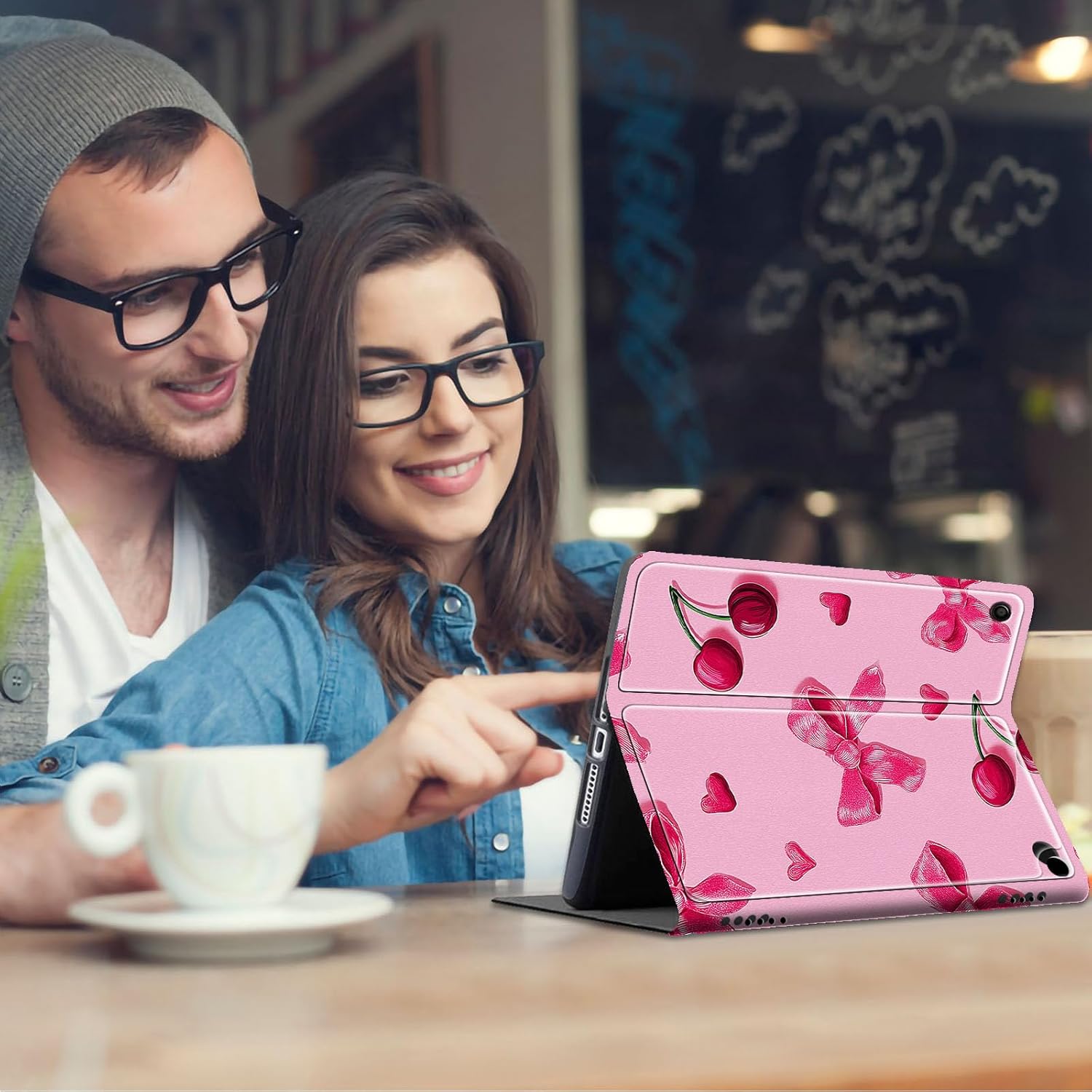 for Fire HD 8 Tablet Case (12th/10th Generation,2024/2022/2020 Release)/Amazon Kindle Fire 8 Case,Hybrid Slim Multi-Angles Stand Auto Wake/Sleep Cover-Pink Bows Cherries