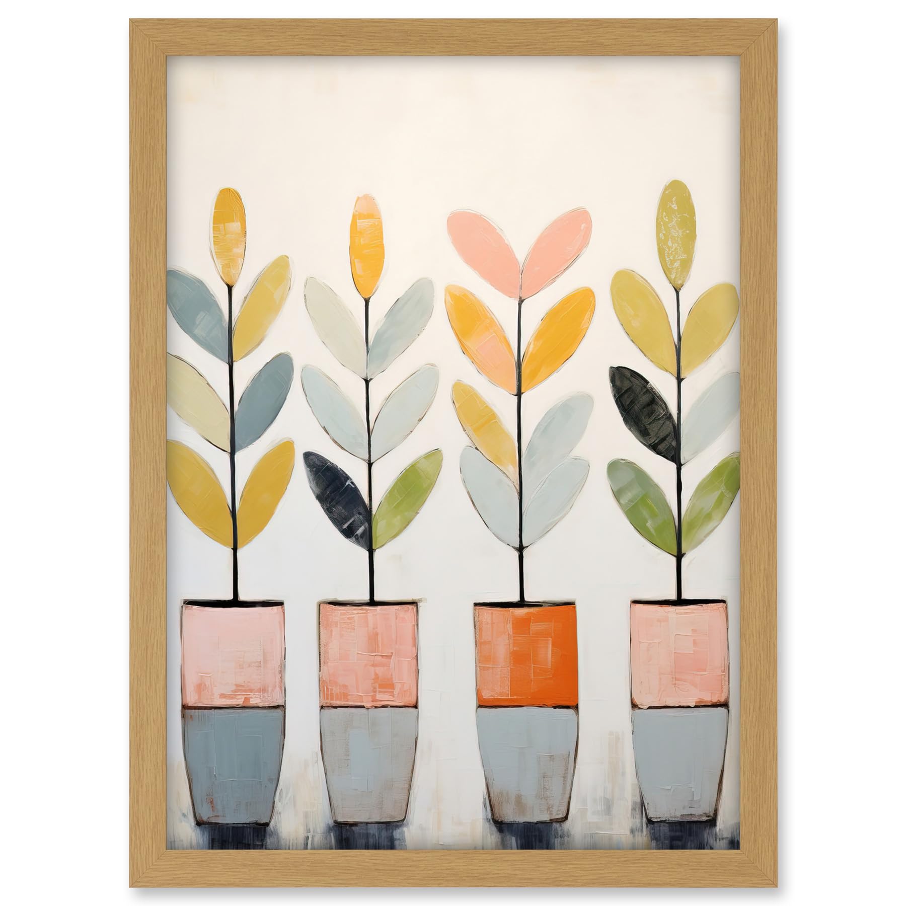 Artery8 Plant Pots Simple Pastel Colour Oil Painting Bright Pink Green Blue Boho Artwork Framed A3 Wall Art Print