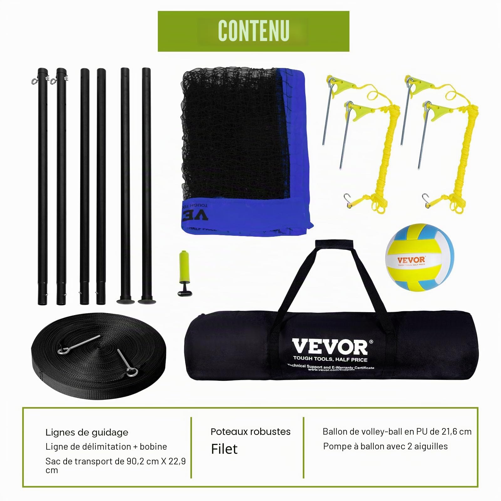 VEVOR Filet de Volley-Ball Portable d'Extérieur, Poteaux en Acier à Hauteur Réglable, Ensemble de Volley-Ball Professionnel avec Ballon de Volley en PVC, Pompe et Sac, pour Jardin, Plage, Pelouse