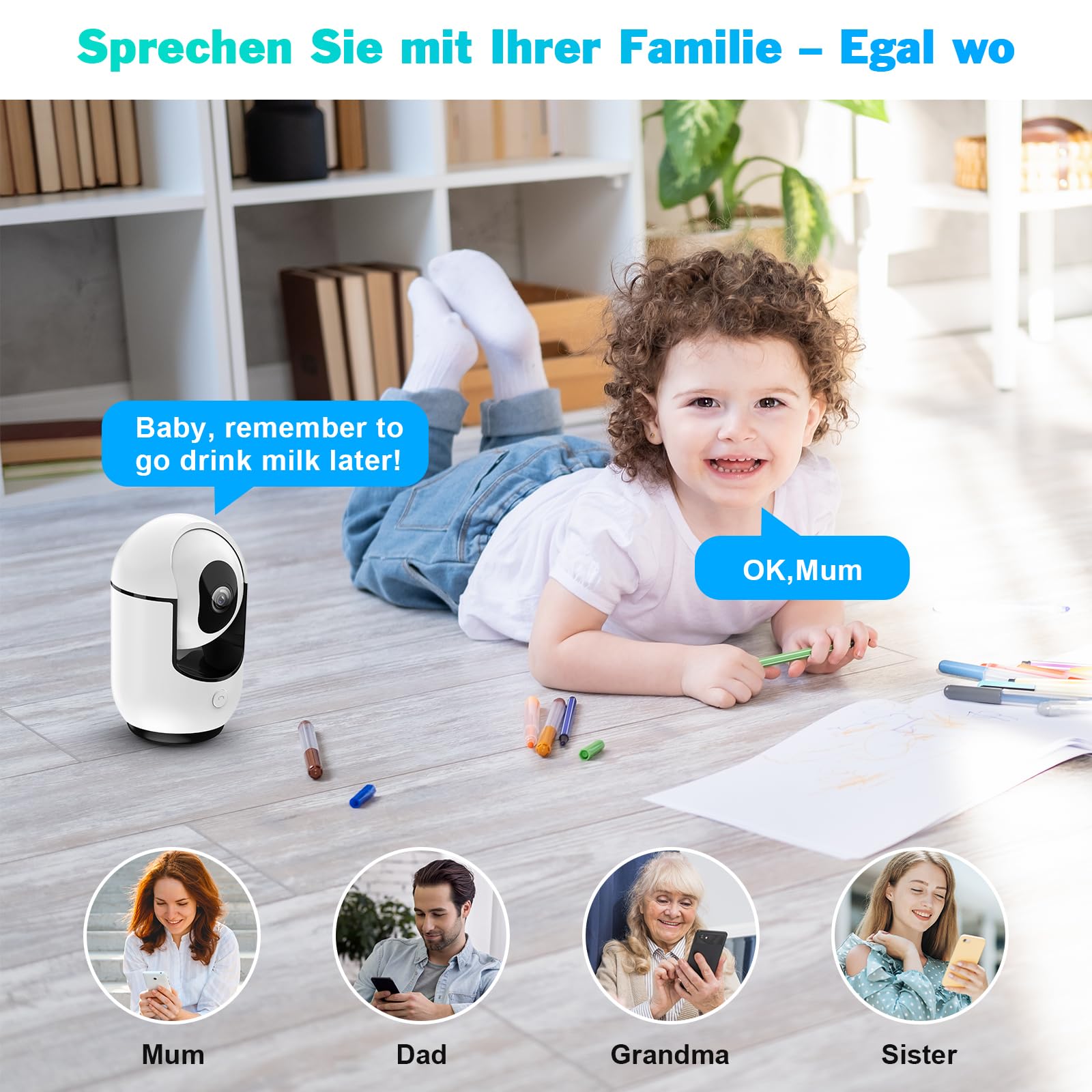 Inteligentna kamera do monitoringu 360° do użytku w pomieszczeniach, 1080p HD, noktowizor, kamera monitorująca wewnątrz z wykrywaniem ruchu PIR, dwukierunkowe audio, pamięć w chmurze / micro-SD