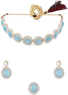 ZAVERI PEARLSTurquoise Blue Cat Eye Austrain Diamonds & Stones Choker Necklace Earring & Ring Set For Women-ZPFK16628