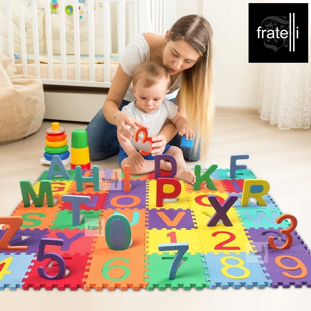 FRATELLI - EN71 Safety Approved Non-Toxic Soft Eva Foam Interlocking Puzzle Mats for Toddlers (36 Tiles of Size 14CMS X 14CMS Alphabet+Number)