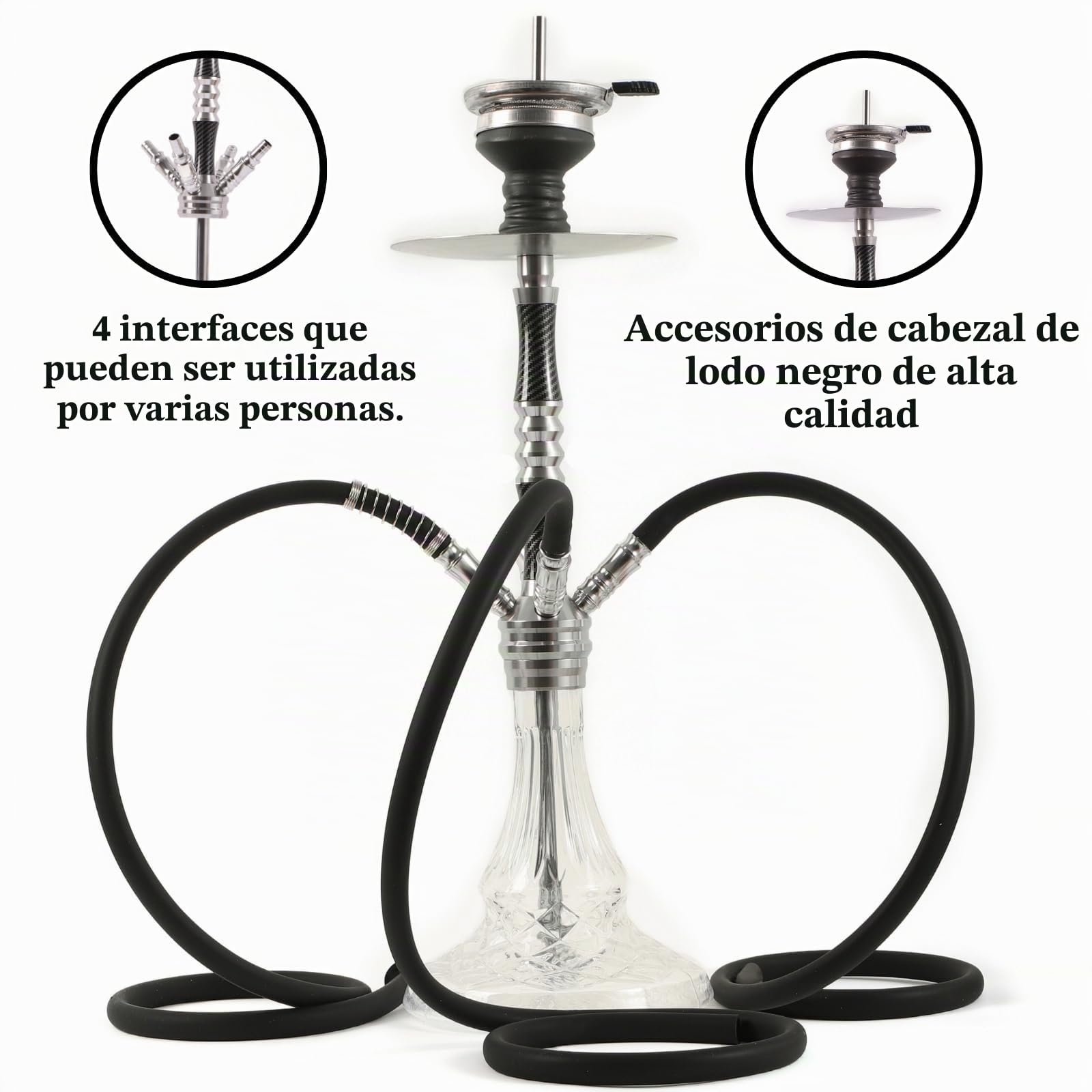 RMAN Cachimba Shisha 66 cm Grande Completa, Plata | Con 3 Manguera de Silicona, Aluminio, Accesorios Premium, Incluye Boquillas y Cazoleta de Cristal