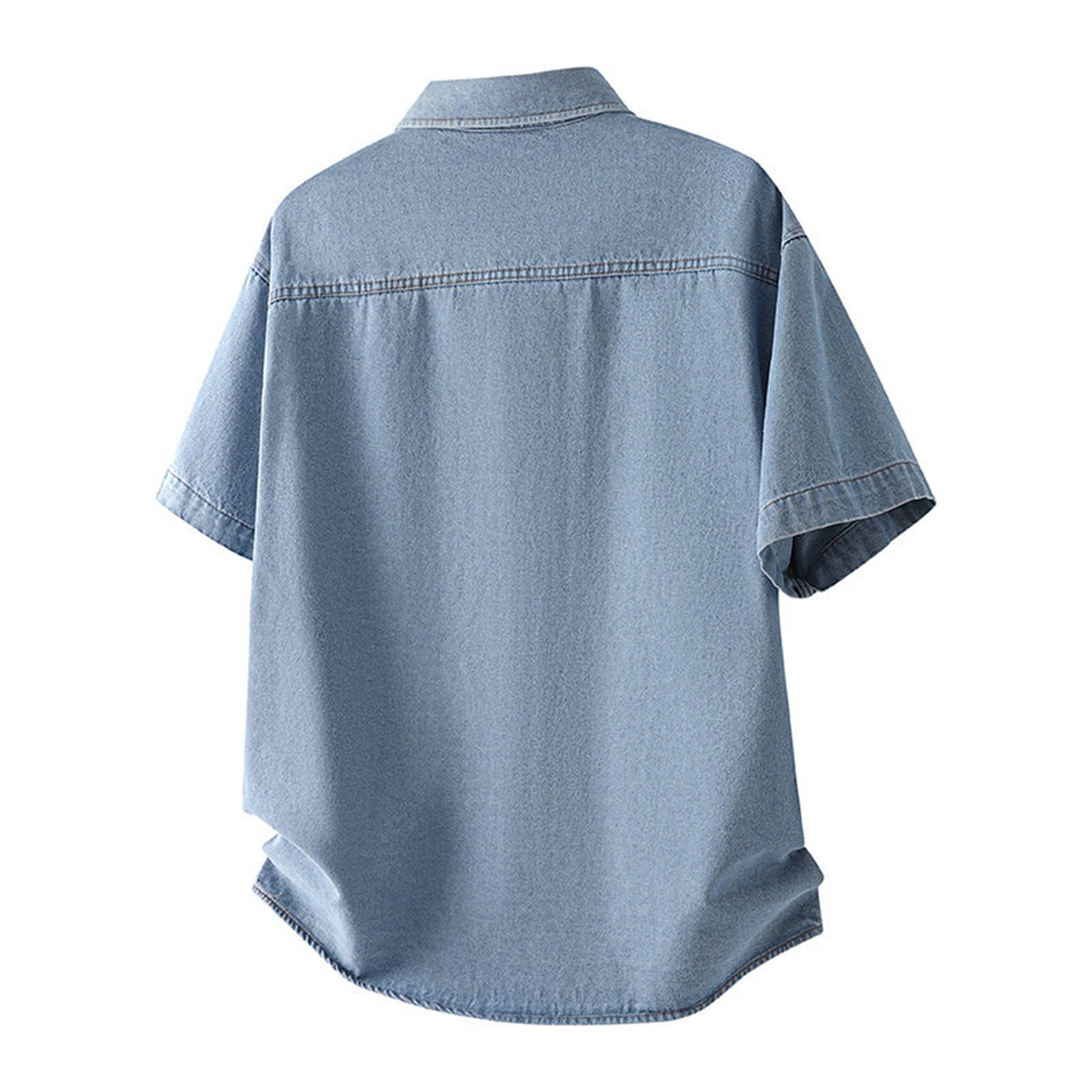 Jeans camicia estiva da uomo a maniche corte, in denim, vestibilità normale, slim per il tempo libero, a maniche corte, con bottoni automatici