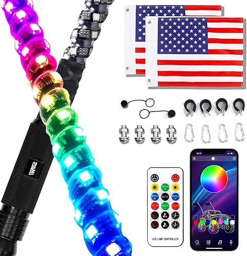 2 luces LED en espiral de 4 pies con Bluetooth y control remoto, 20 colores, 366 modos de iluminación, luz RGB de persecución resistente a la