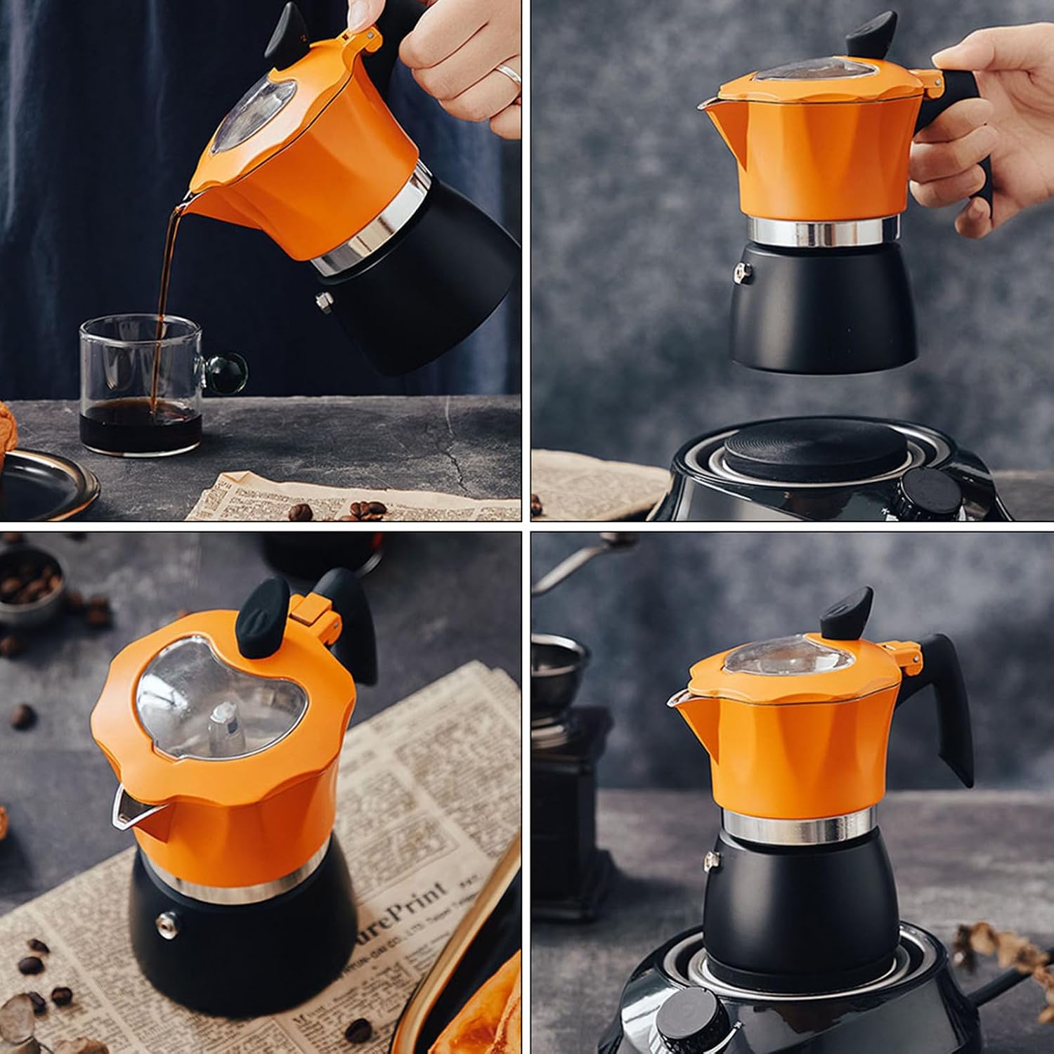 Portable Yellow Aluminum Alloy Espresso Coffee Pot with Plastic Handle, Easy to Clean Stovetop Maker for Office and Home Coffee Brewing