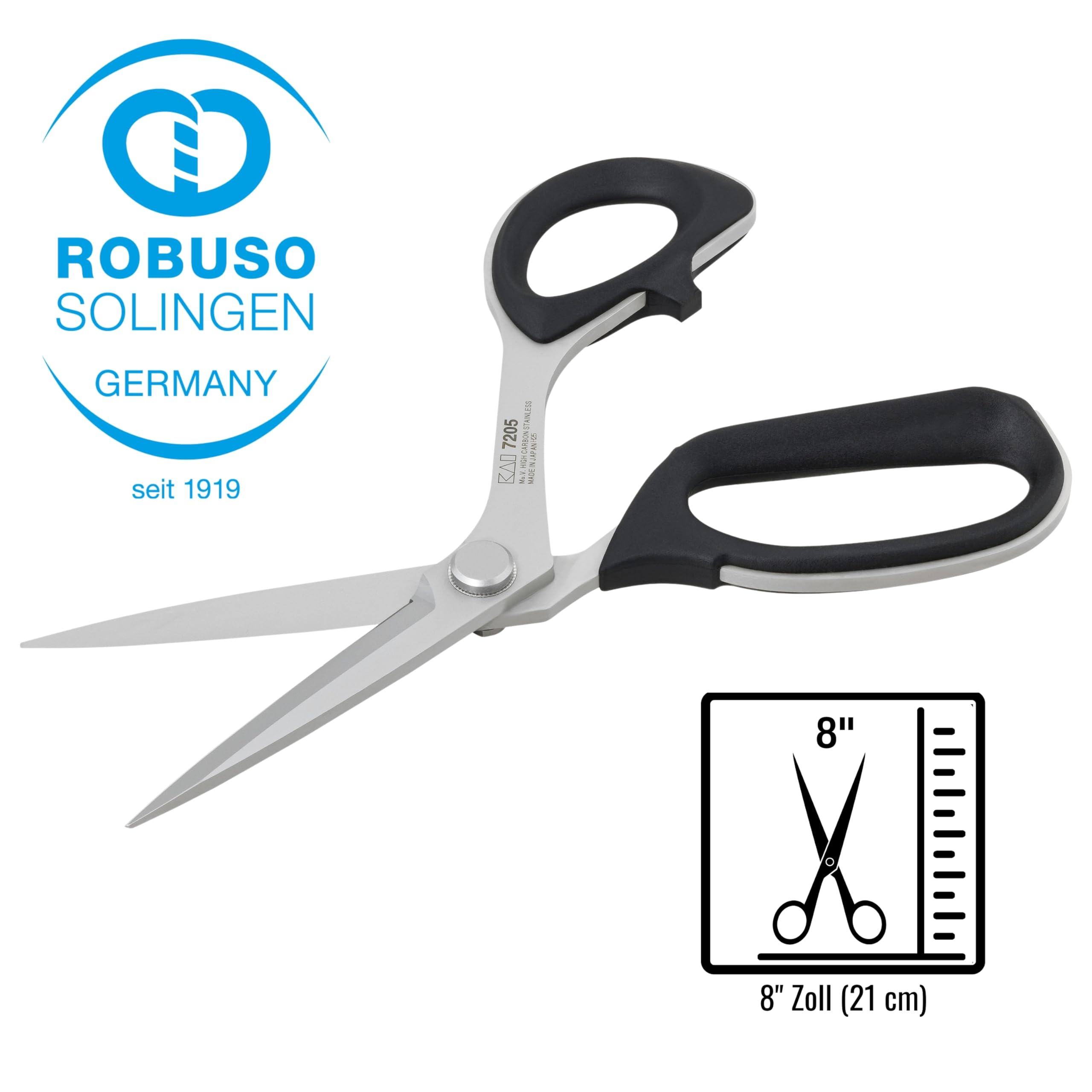 ROBUSO KAI 7205 Schneiderschere | Kleine Stoffschere für die Frauenhand | High-Tech Schere aus Japan | 21,0 cm - 8,0" | Edelstahl Rostfrei | Vollgummierte Griffe