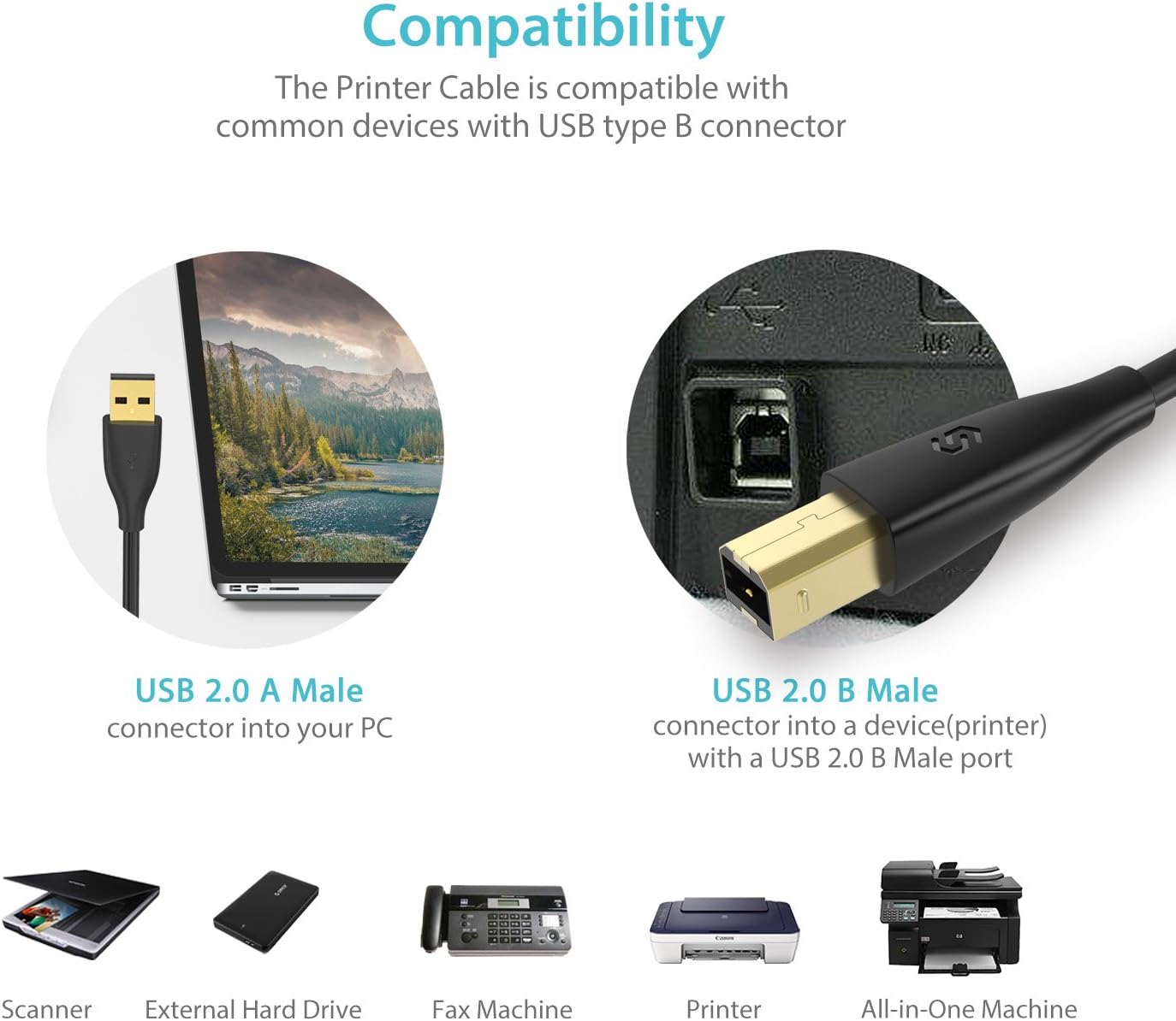 SYNCWIRE USB Printer Cable 6.5ft - High Speed USB 2.0 Printer Scanner Cable USB Type A Male to B Male Printer Cord Compatible with HP, Canon, Dell, Lexmark, Xerox, Samsung & More - Black